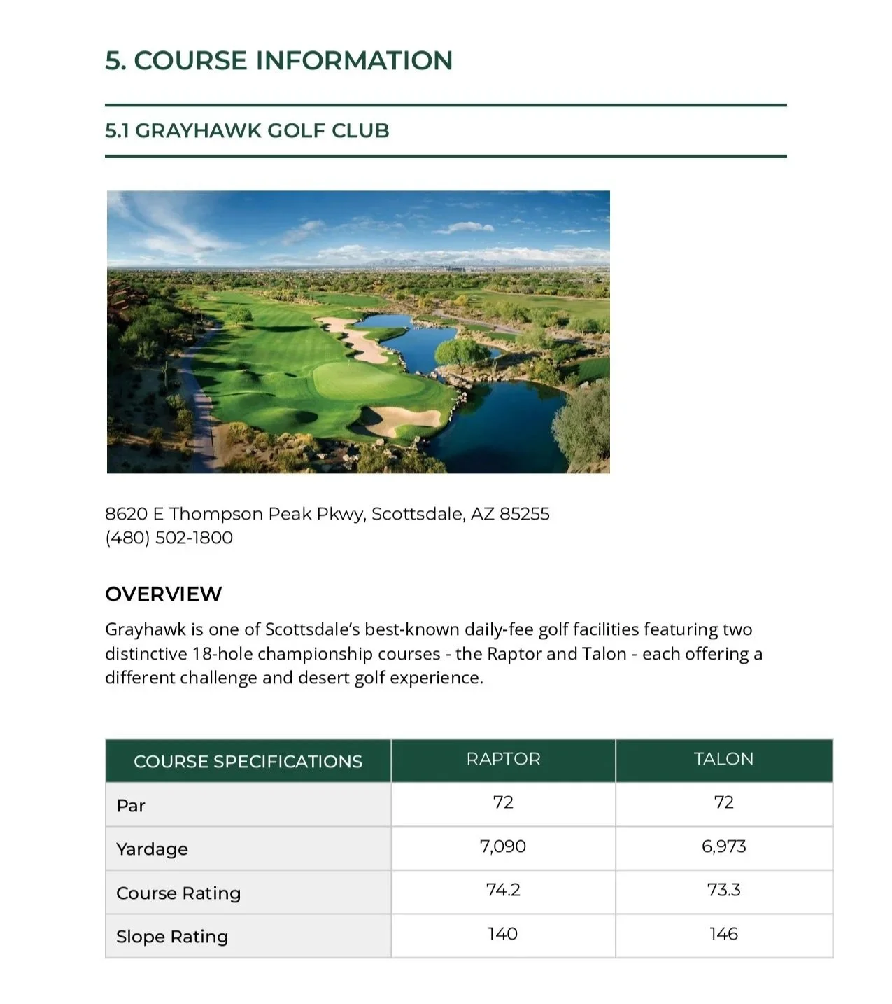 A brochure page for Grayhawk Golf Club in Scottsdale, Arizona. It features a scenic aerial photo of the golf course with green fairways and water hazards, along with course information, address, phone number, and a comparison table of the Raptor and Talon courses.