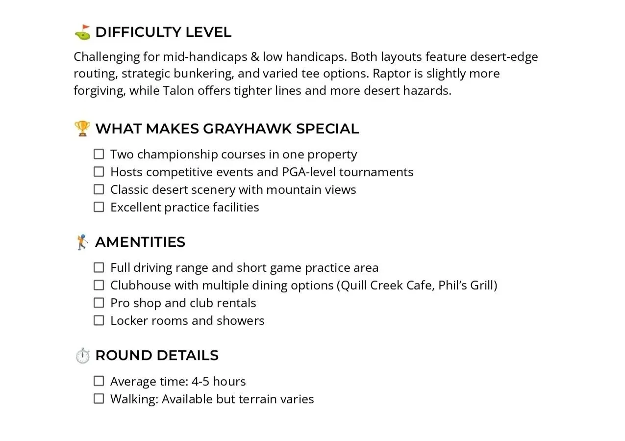 Golf course information with difficulty level, features, amenities, and round details.