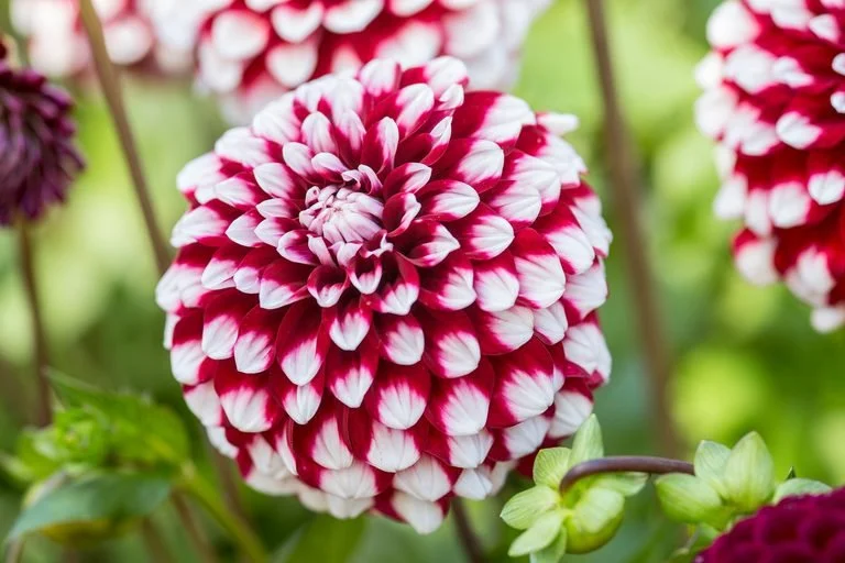 A close-up of a red and white dahlia flower in bloom surrounded by green leaves and other flowers.