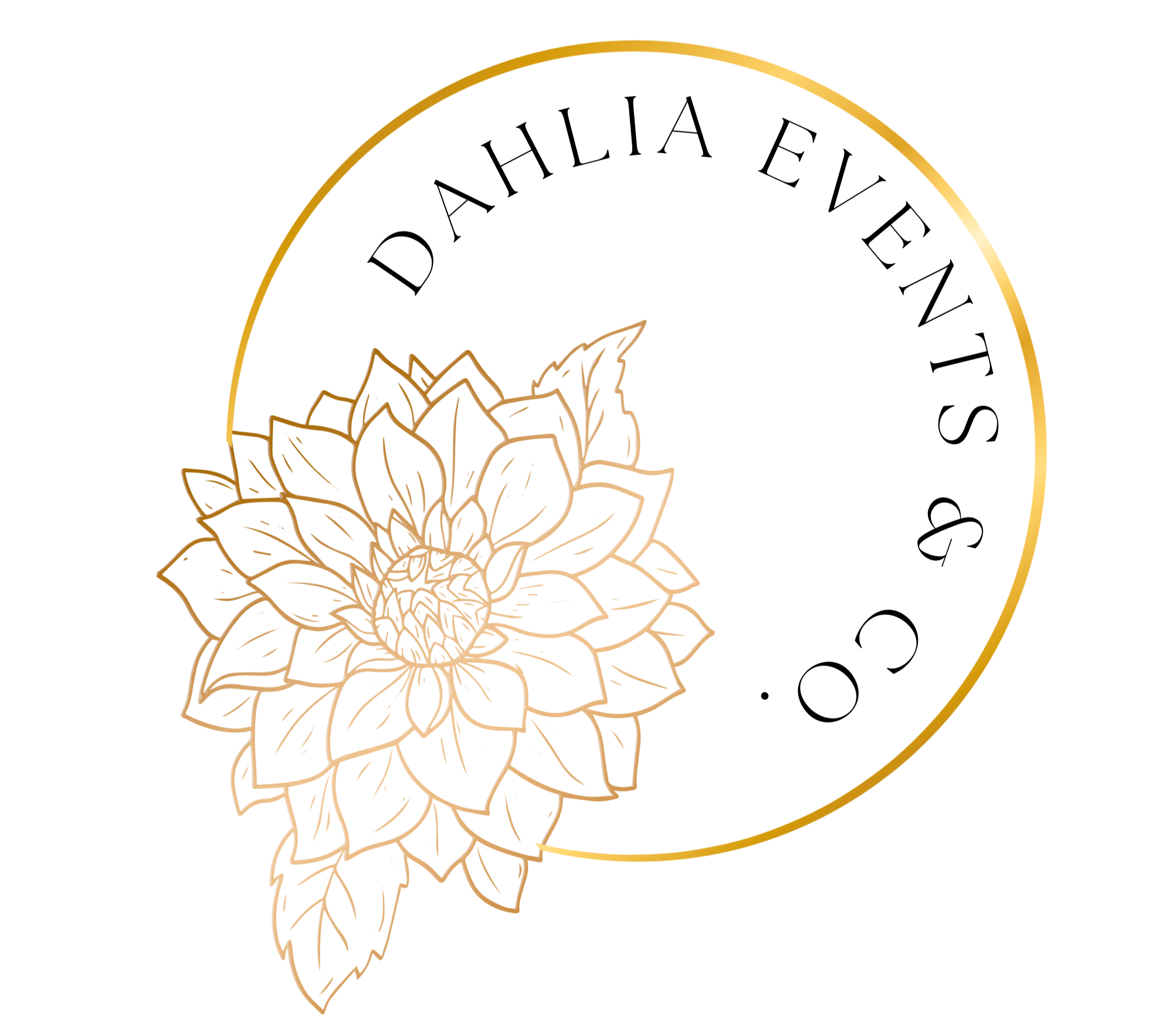 Logo for Dahlia Events & Co. featuring gold ombre, a outlined dahlia and lettering.