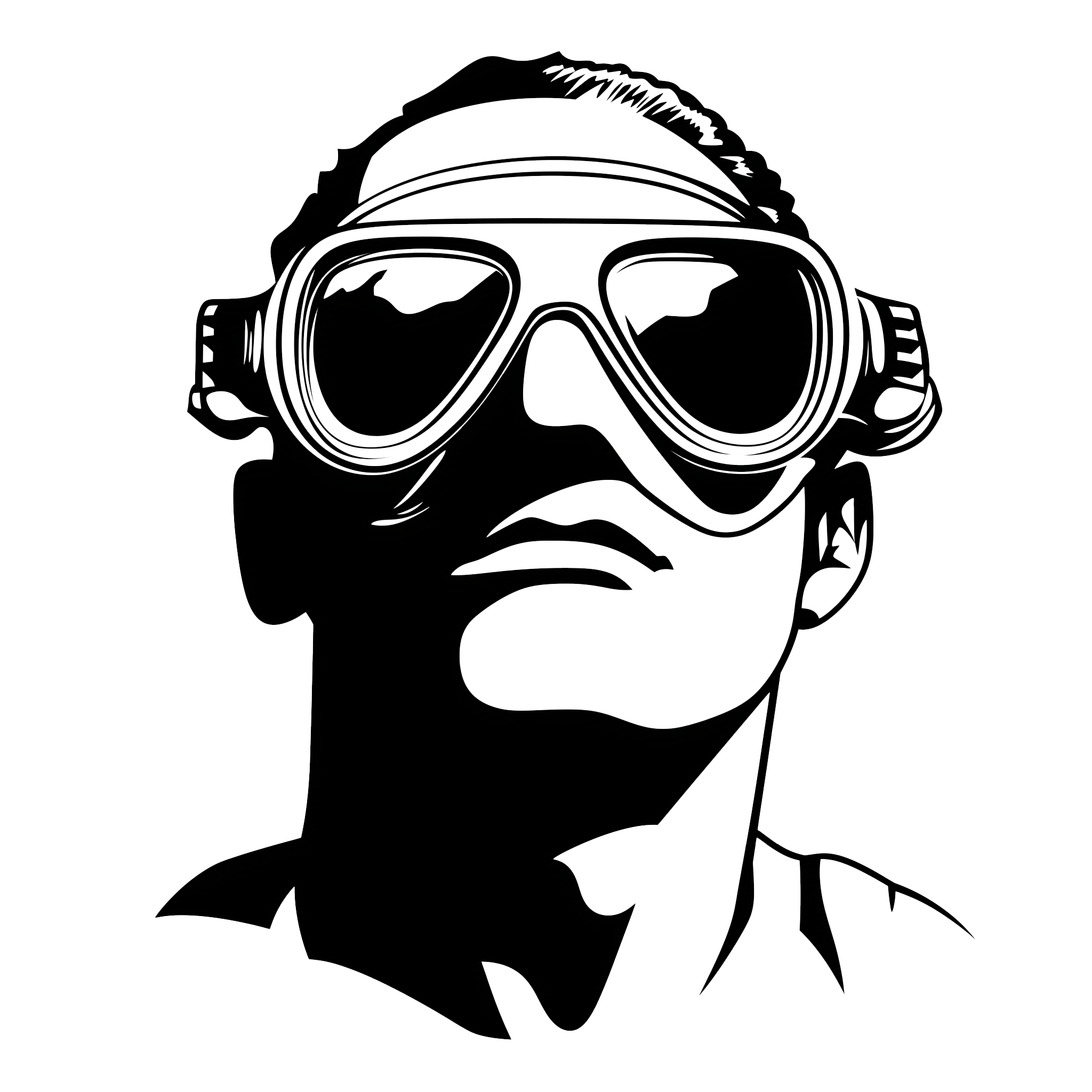Black and white illustration of a person wearing diving goggles and a snorkel.