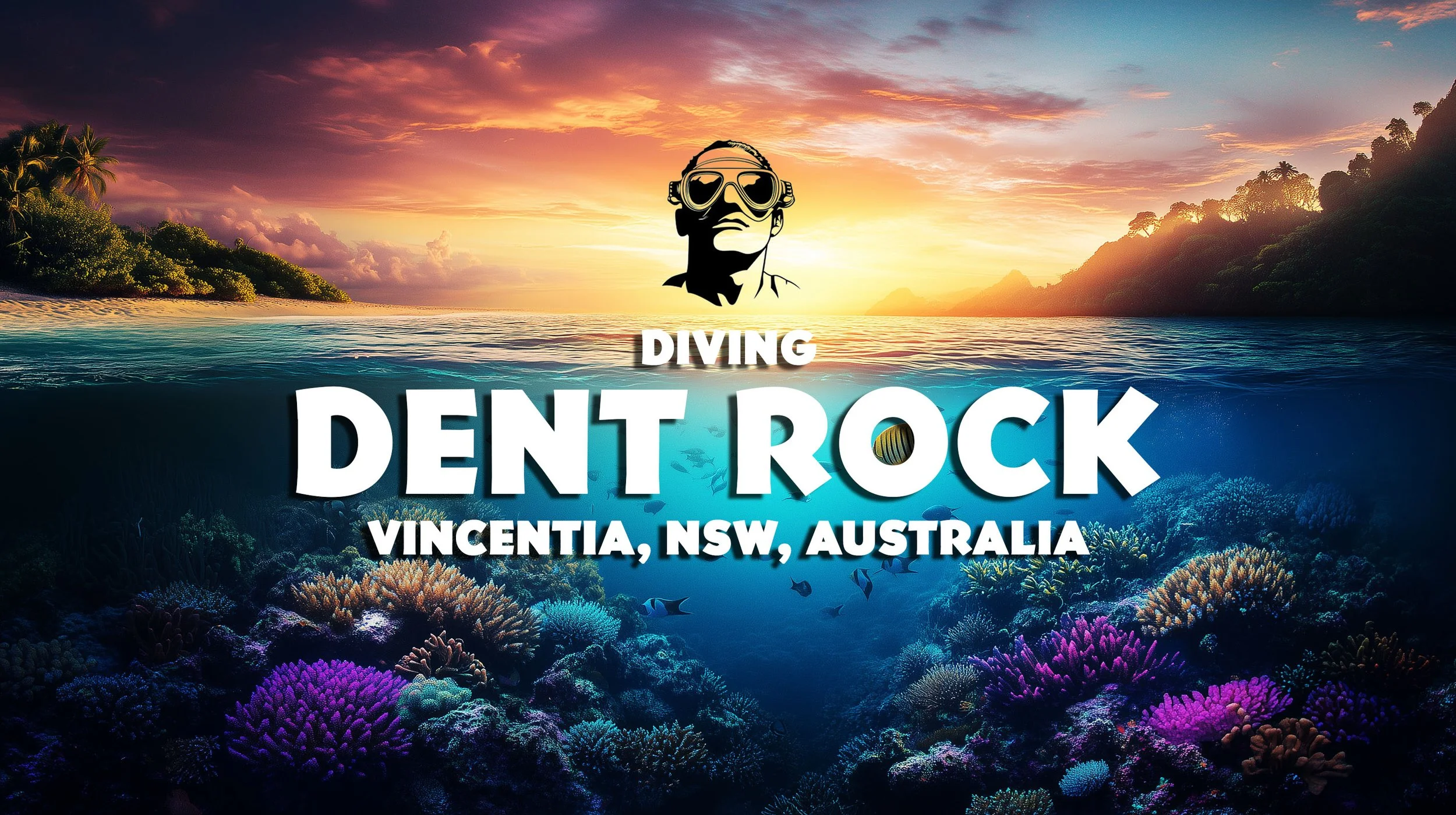 Underwater view of colorful coral reef with tropical fish, with a beach and sunset above water. Text overlay promotes diving at Dent Rock, Vincentia, NSW, Australia.