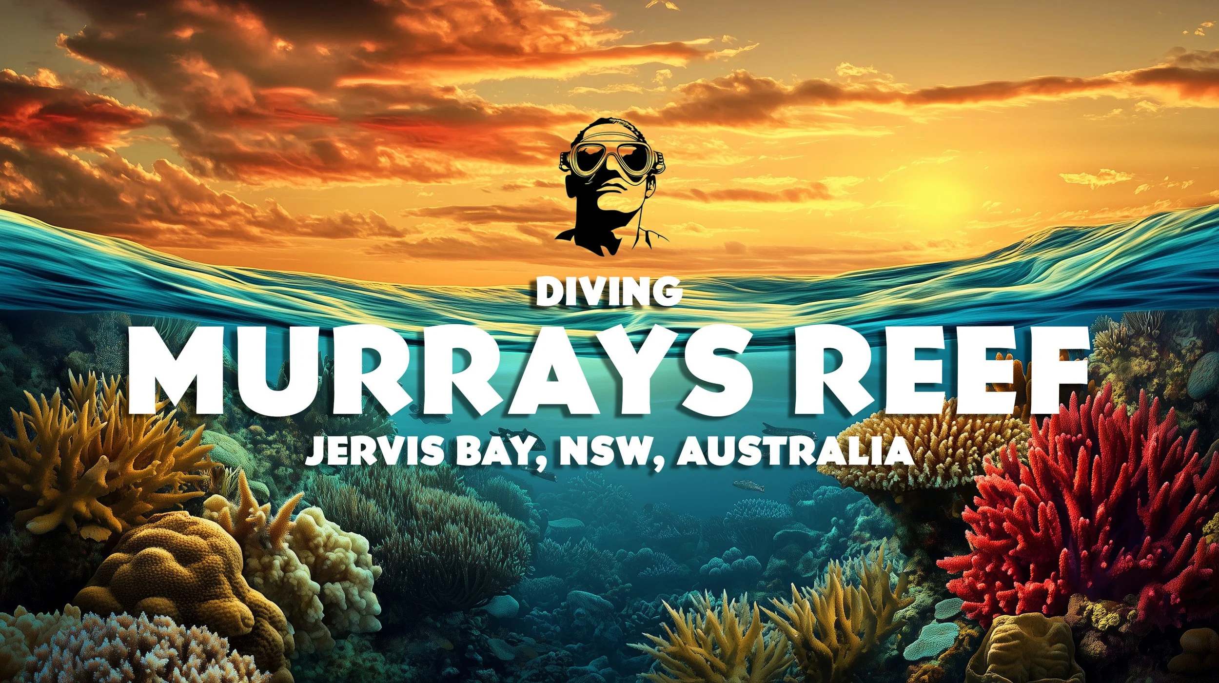 Colorful coral reef with a sunset sky, featuring various coral formations and marine life beneath the water's surface. The text overlay reads 'Diving Murrays Reef Jervis Bay, NSW, Australia' with a cartoon image of a diver's face at the top.