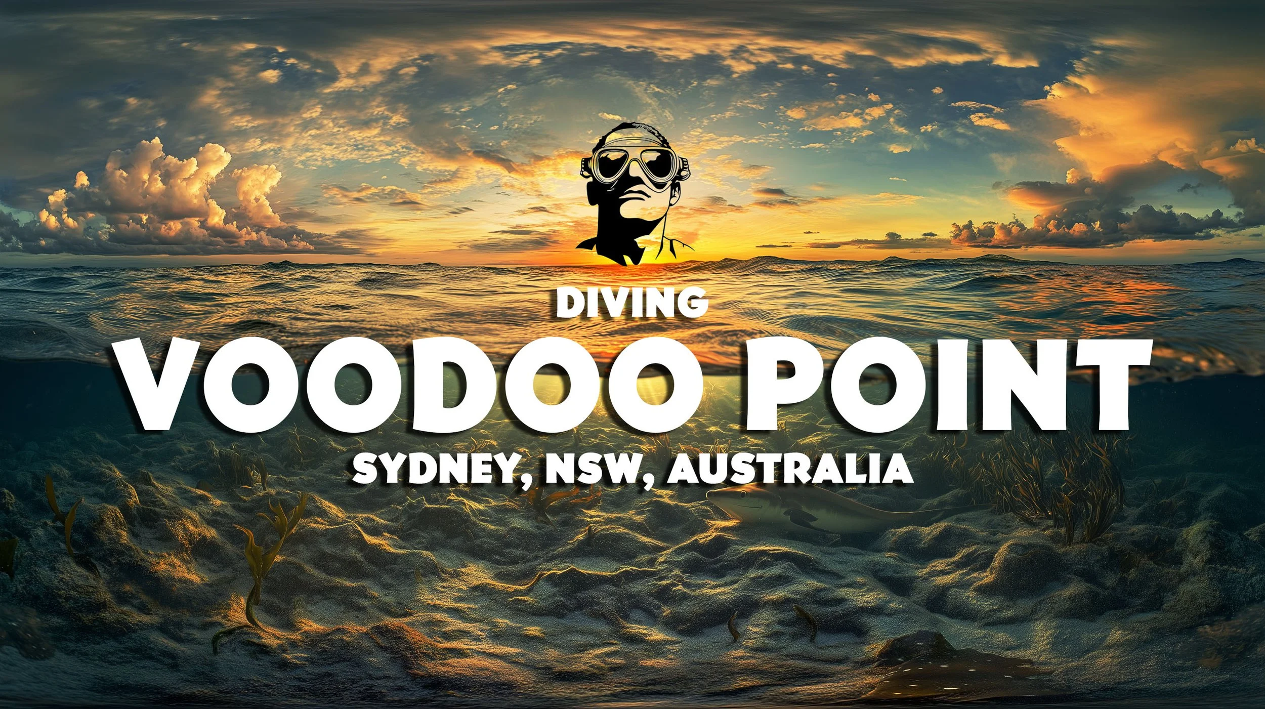 Sunset over the ocean with underwater plants and a shark, promoting diving at Voodoo Point in Sydney, NSW, Australia.