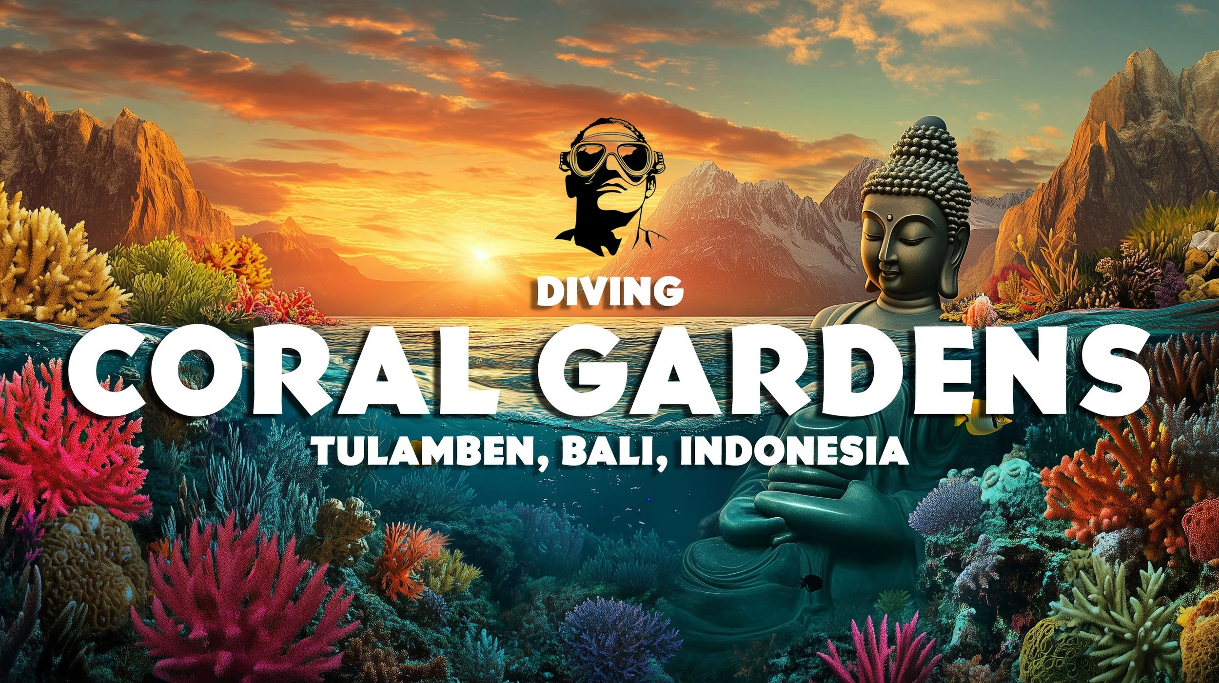 Sunset over mountains and ocean with colorful coral reefs and a Buddha statue, promoting coral gardens diving in Tulamben, Bali, Indonesia.