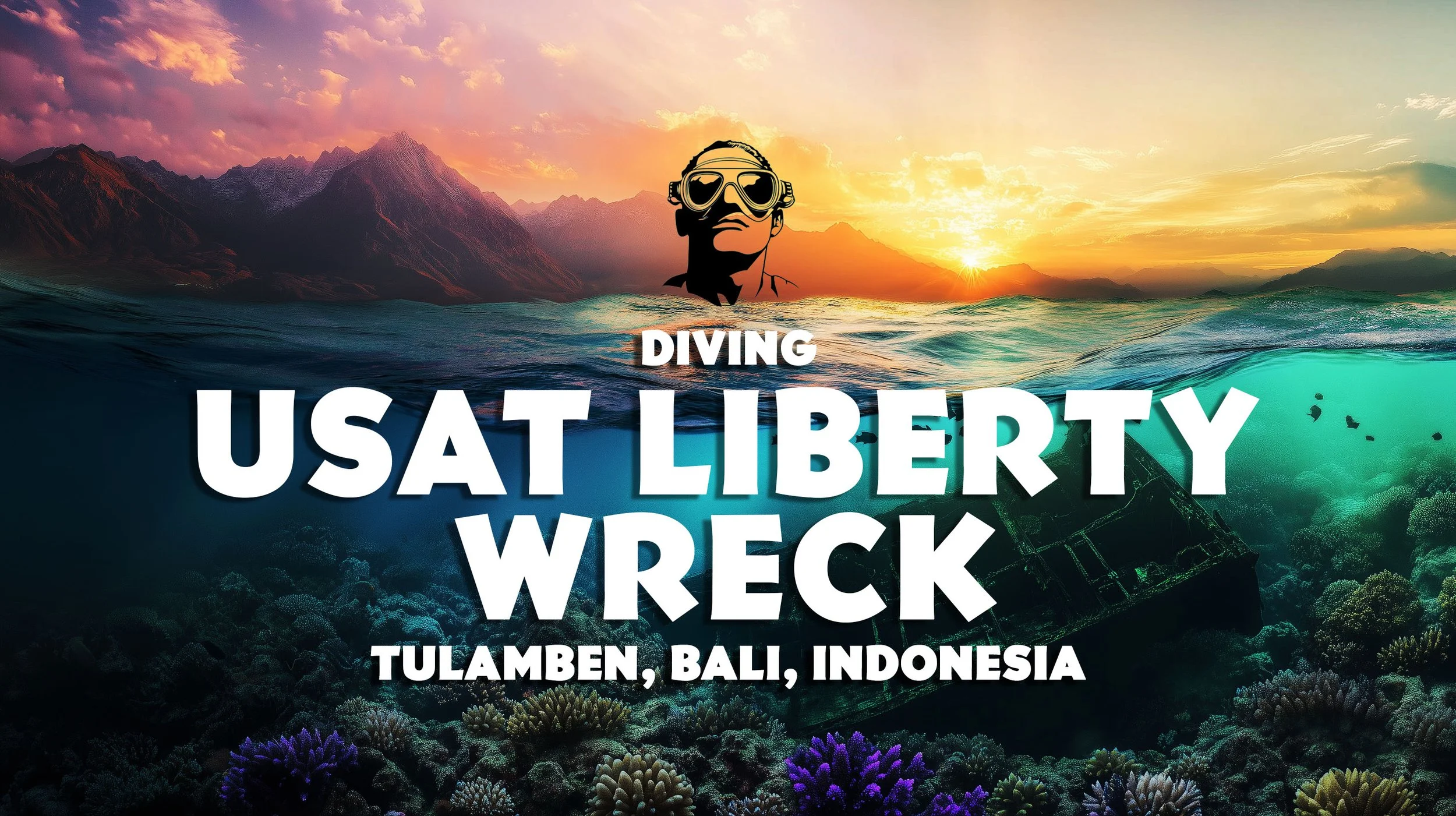 Underwater scene with coral and a sunken shipwreck, mountain sunset in the background, and text promoting diving at USAT Liberty Wreck, Tulamben, Bali, Indonesia.