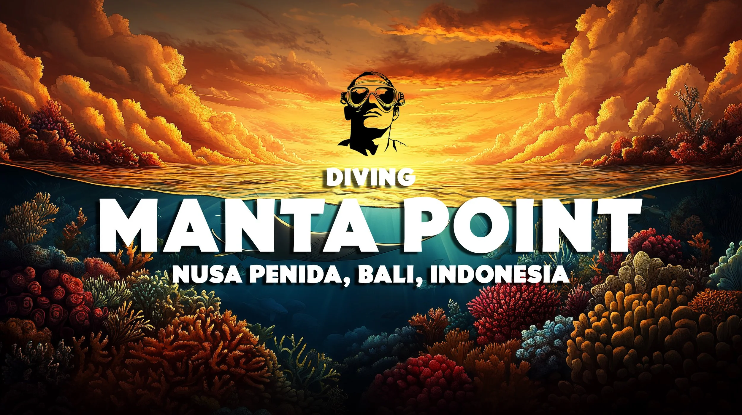 Illustration of an underwater scene with colorful coral reefs in the foreground and a sunset sky with clouds in the background. A diver with goggles is depicted at the top, with the text 'Diving Manta Point Nusa Penida, Bali, Indonesia' overlaying th