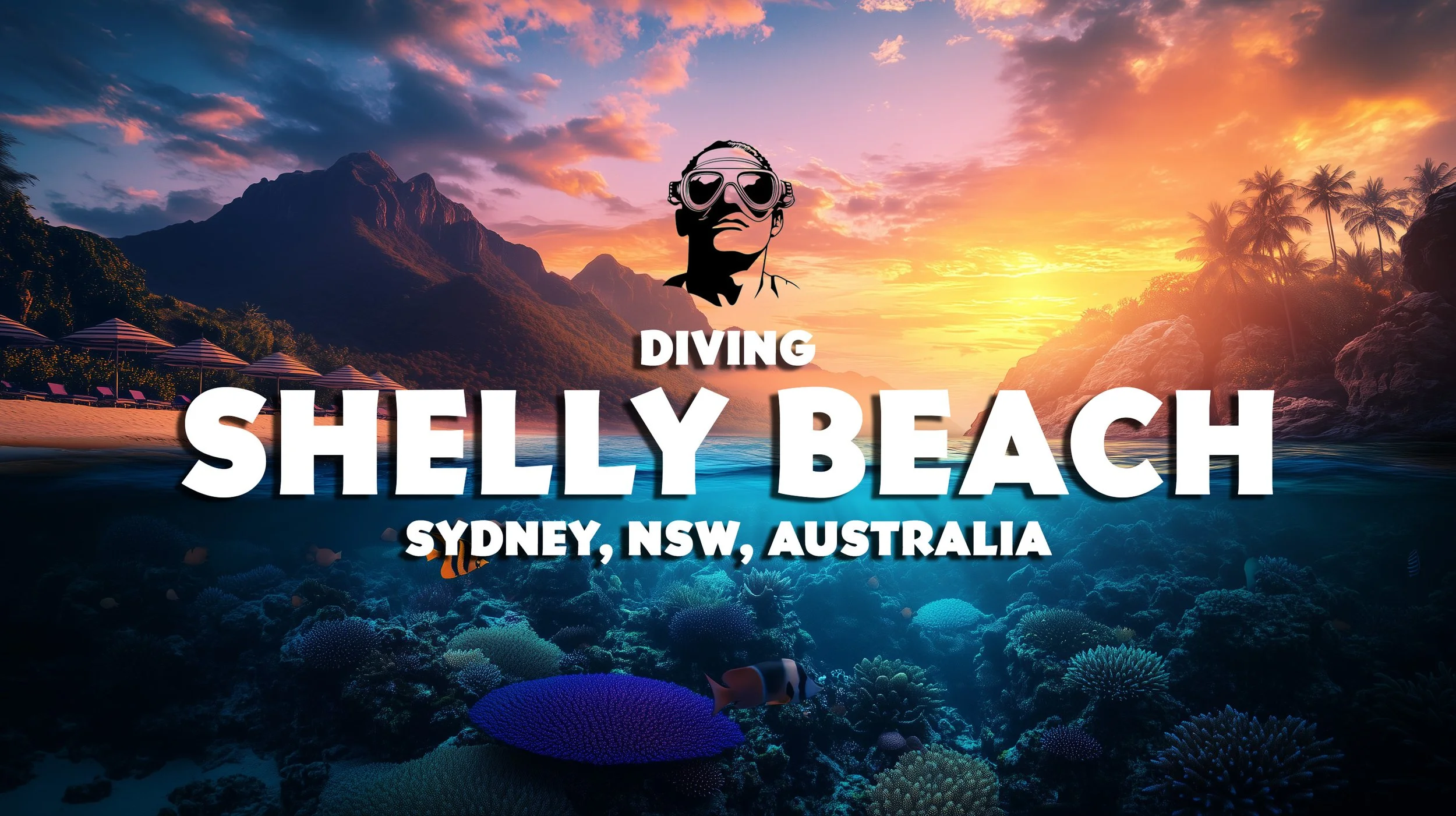 A tropical beach scene at sunset with mountains, palm trees, and coral reef, advertising diving trips to Shelly Beach in Sydney, NSW, Australia.