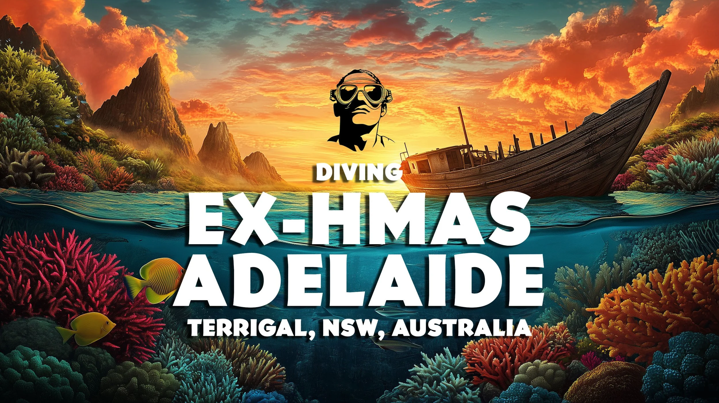An illustrated scene of a boat in the ocean with a colorful coral reef and fish in the foreground, mountains and a sunset sky in the background, promoting diving expeditions to Ex-HMAS Adelaide off the coast of Terrigal, New South Wales, Australia.