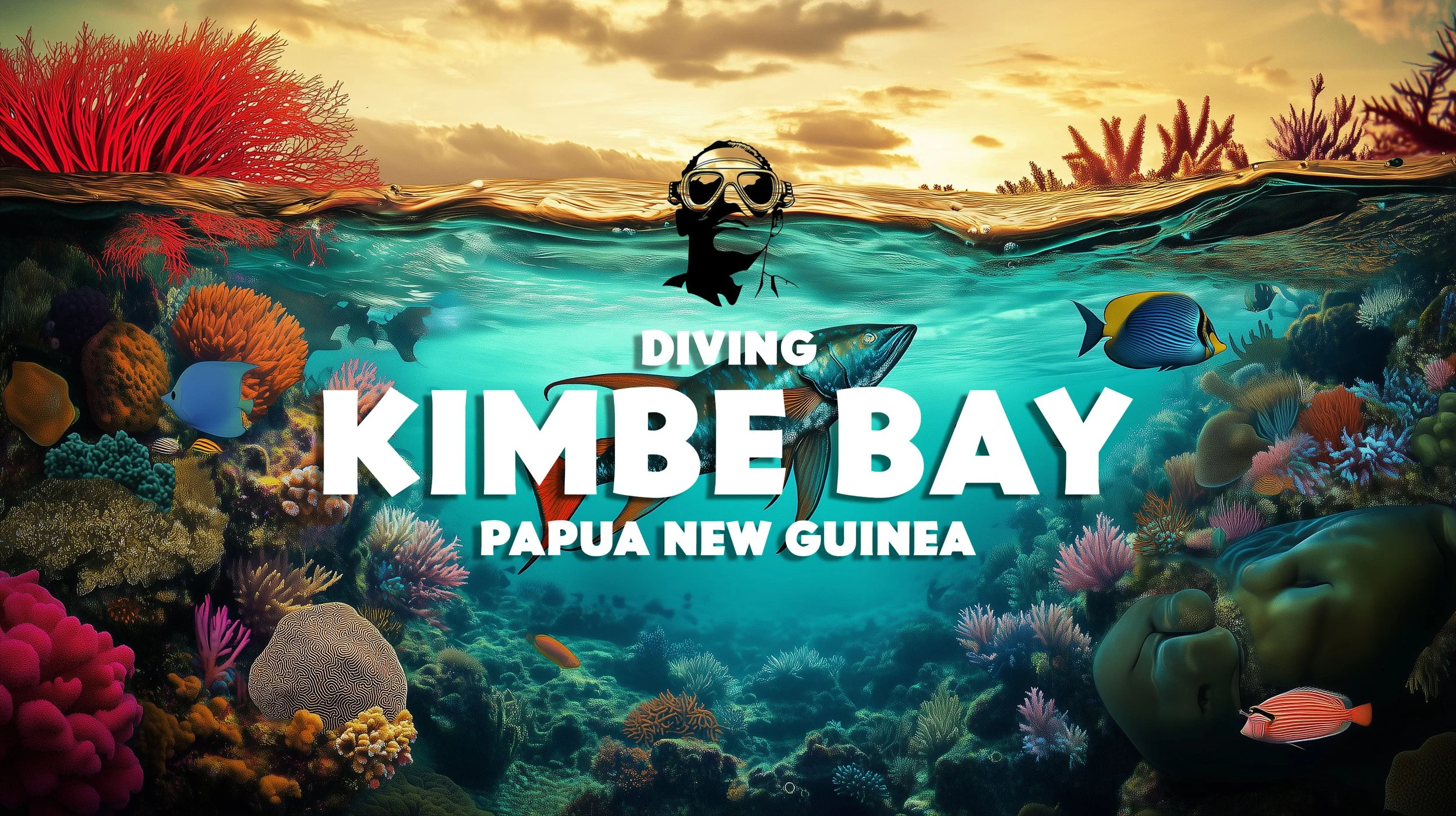 Underwater scene of vibrant coral reef with colorful fish and a diver's silhouette wearing goggles above the water surface, promoting diving at Kimbe Bay, Papua New Guinea.