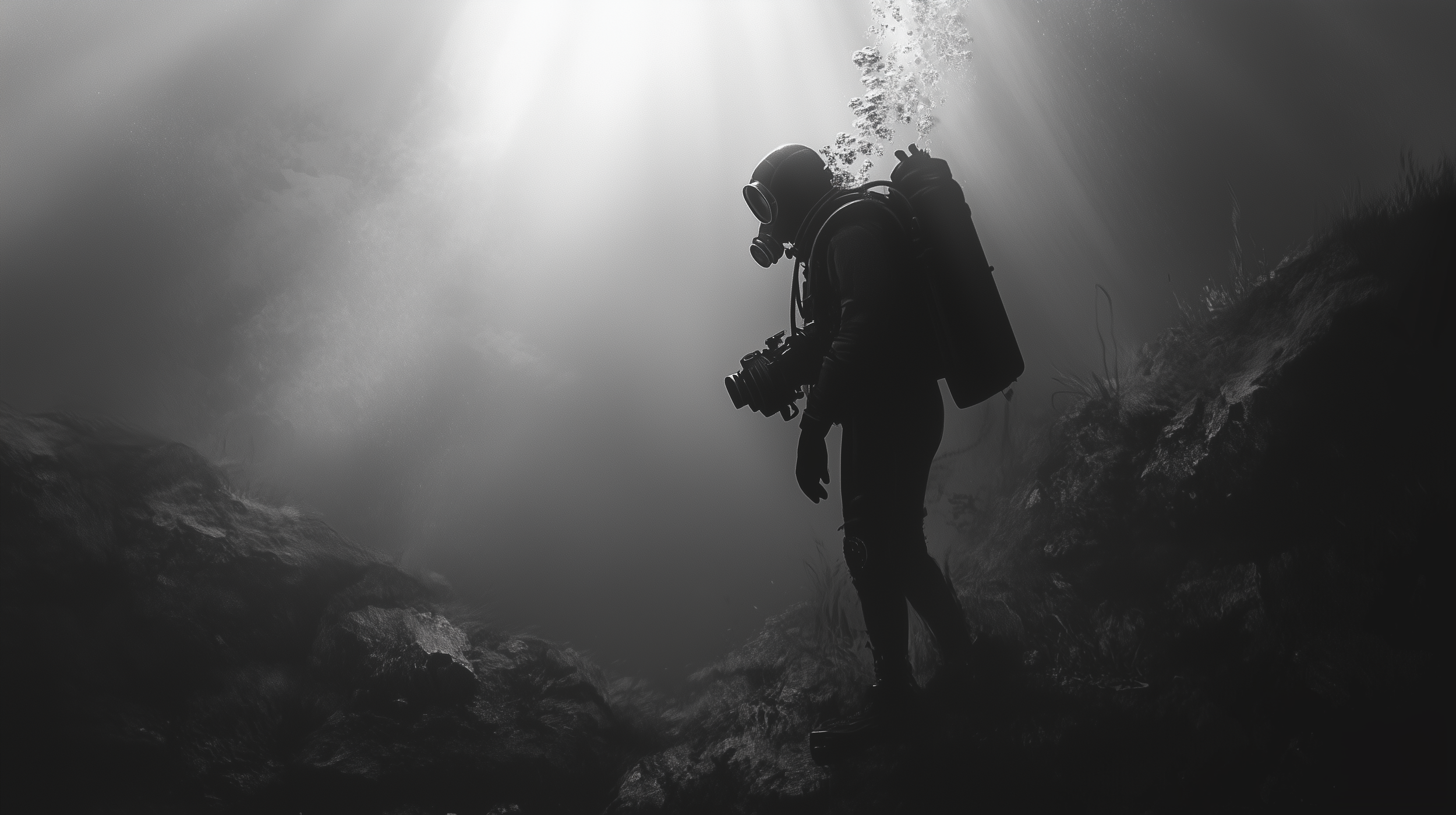 A silhouette of a scuba diver underwater with sunlight filtering through the water above.