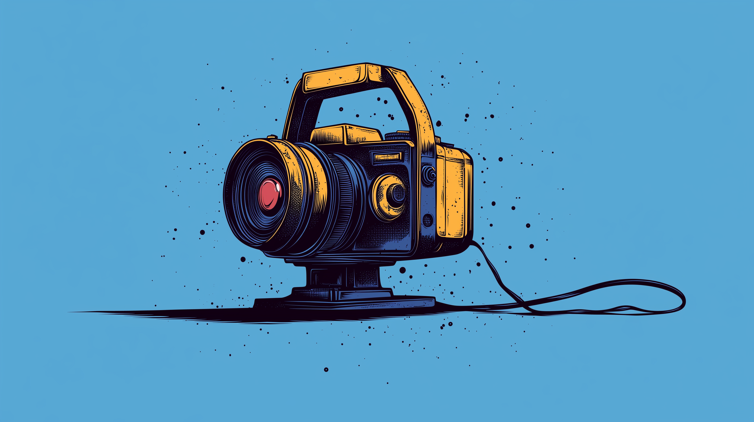 Digital illustration of a vintage camera with a large lens, on a blue background with black ink splatters.