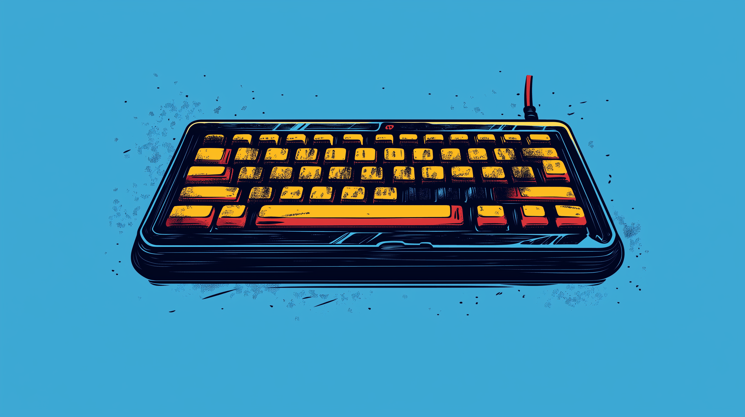 Digital illustration of a computer gaming keyboard with yellow and red keys on a blue background.