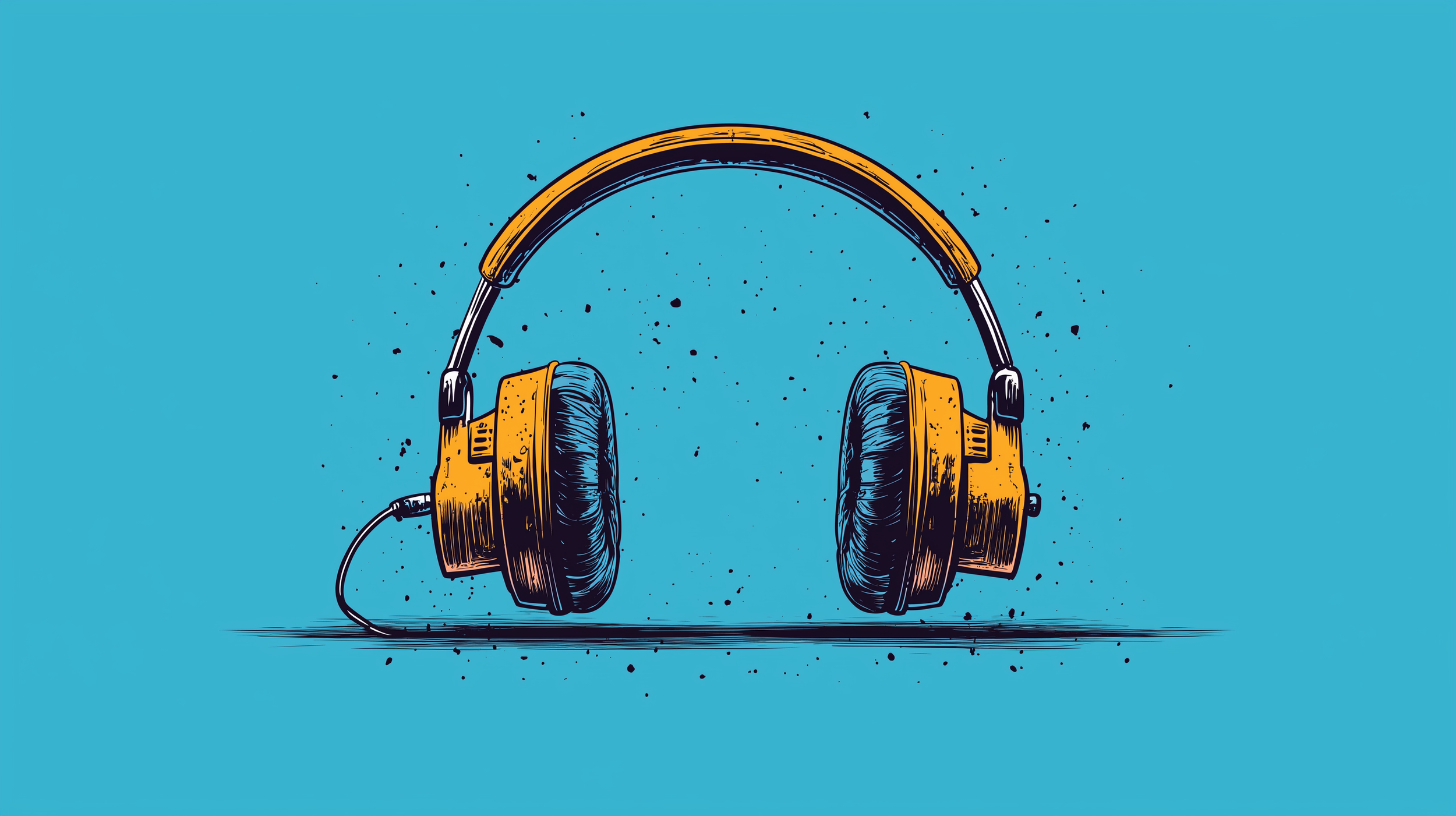 Illustration of yellow and black over-ear headphones on a blue background, with black splatters and lines.