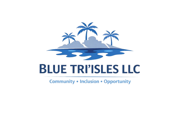 Logo of Blue Trisles LLC with a mountainous island and three palm trees, with the slogan 'Community, Inclusion, Opportunity' beneath.