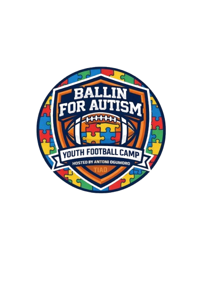 A circular logo with a mosaic pattern background featuring puzzle pieces in various colors. The text on the logo reads "Ballin for Autism Youth Football Camp" with a football graphic in the center and with the initials TIAO engraved at the bottom.