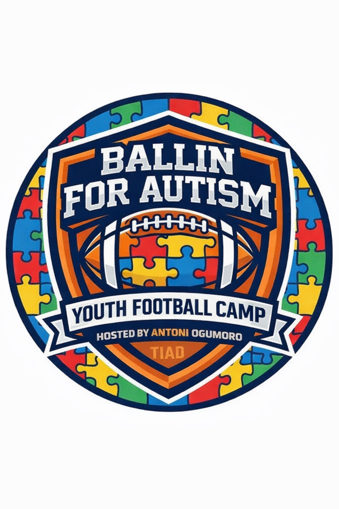 A colorful circular logo for 'Ballin for Autism' youth football camp with puzzle piece patterns, a football graphic, and event details.
