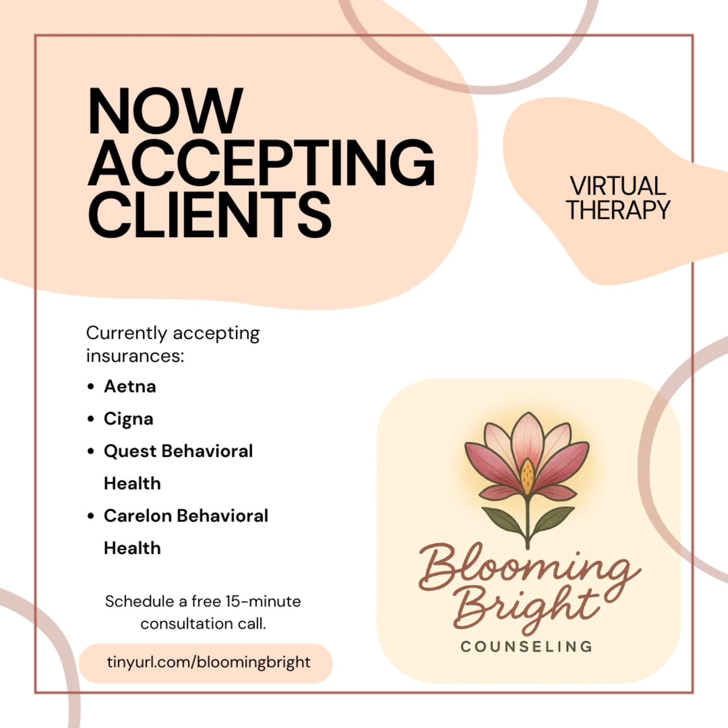 Im so excited to open my (virtual) door to new clients! I am providing teletherapy to Texas clients. I will be accepting more insurances soon!