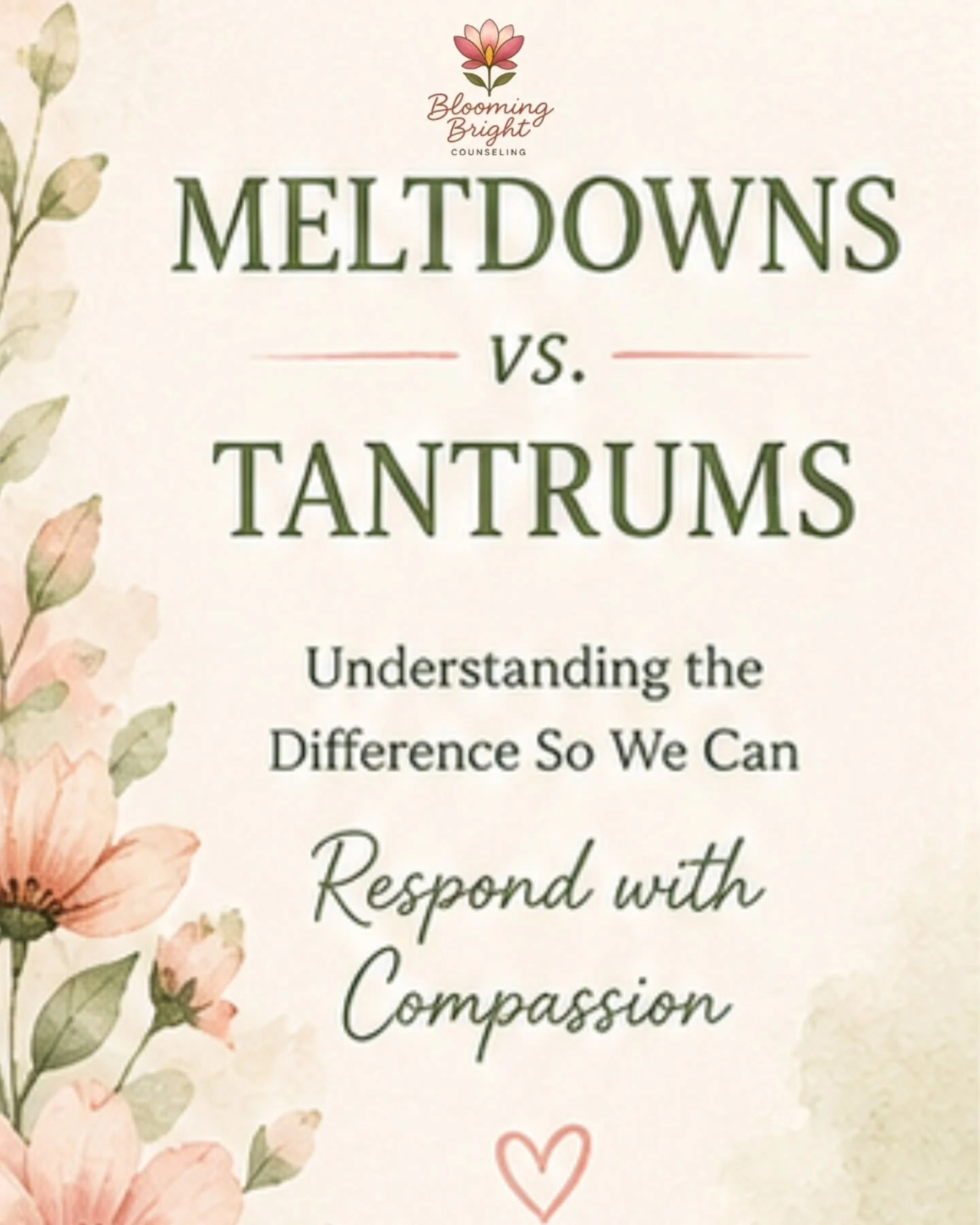 🌿 Meltdown or Tantrum?

At first glance, they can look similar.
Big emotions. Tears. Yelling. Difficulty coping.

But understanding what's happening underneath the behavior can completely change how we respond.

A meltdown is often a sign of an over