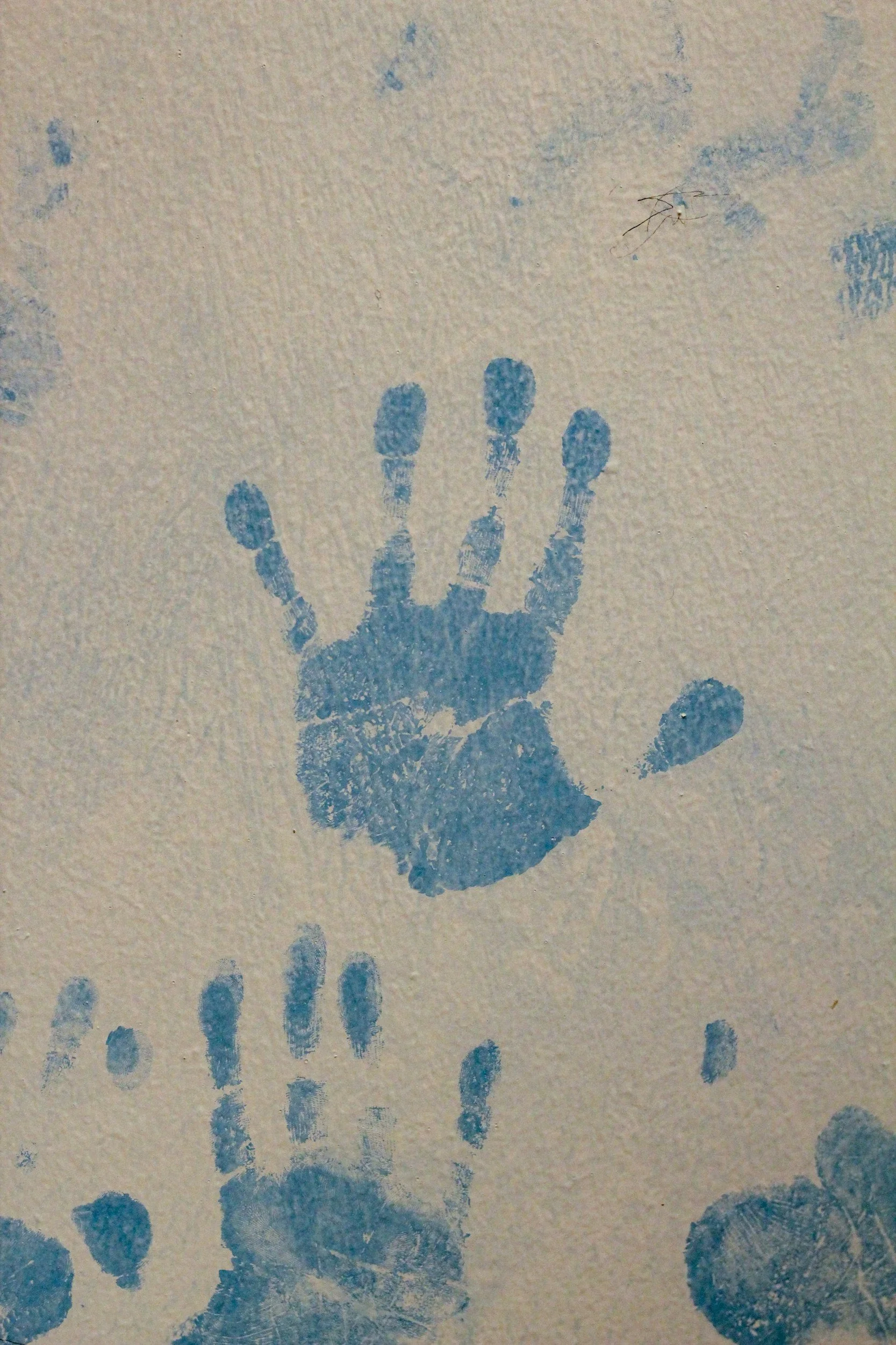 Blue handprint on a textured white wall, with some splatters and smudges of blue paint around it.