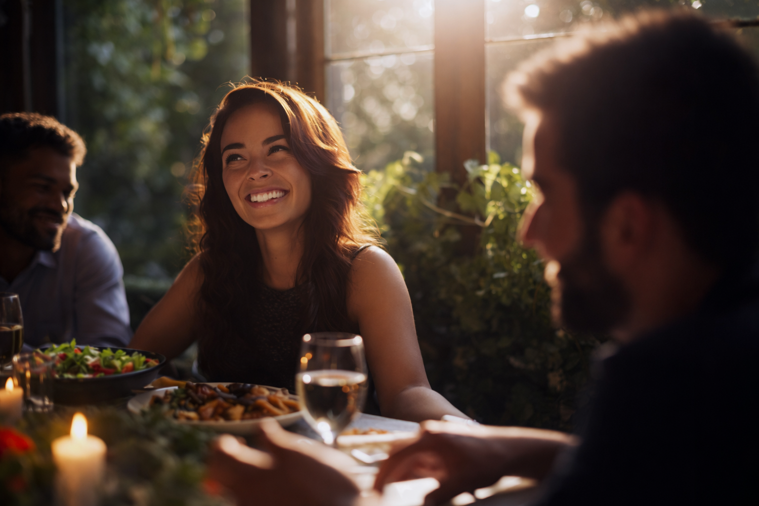 People enjoying a dinner party with sunlight streaming in, smiling, and engaging in conversation.