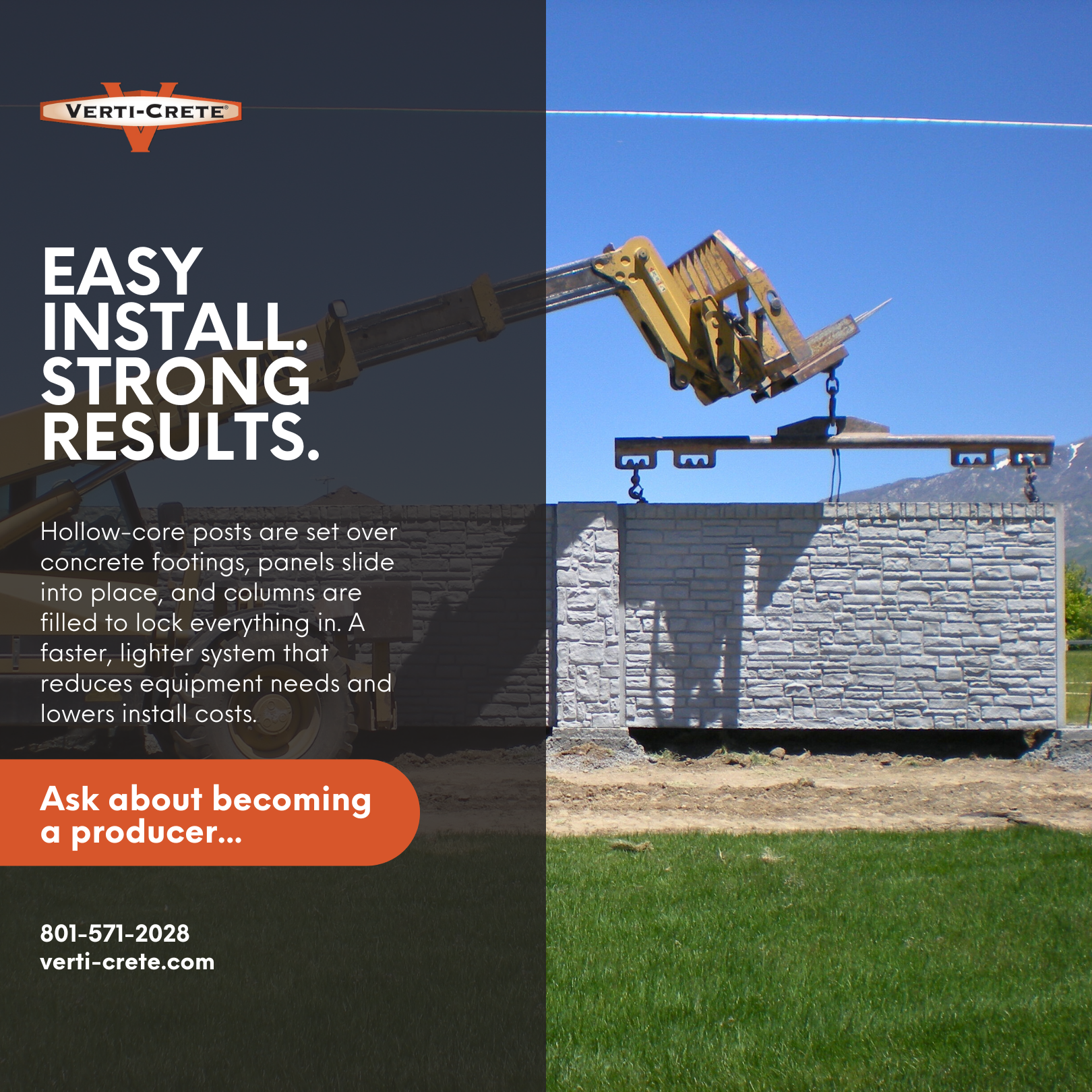 Construction site image showing crane installation of a brick wall system with mountains and blue sky backdrop, used for Verti-Crete marketing.