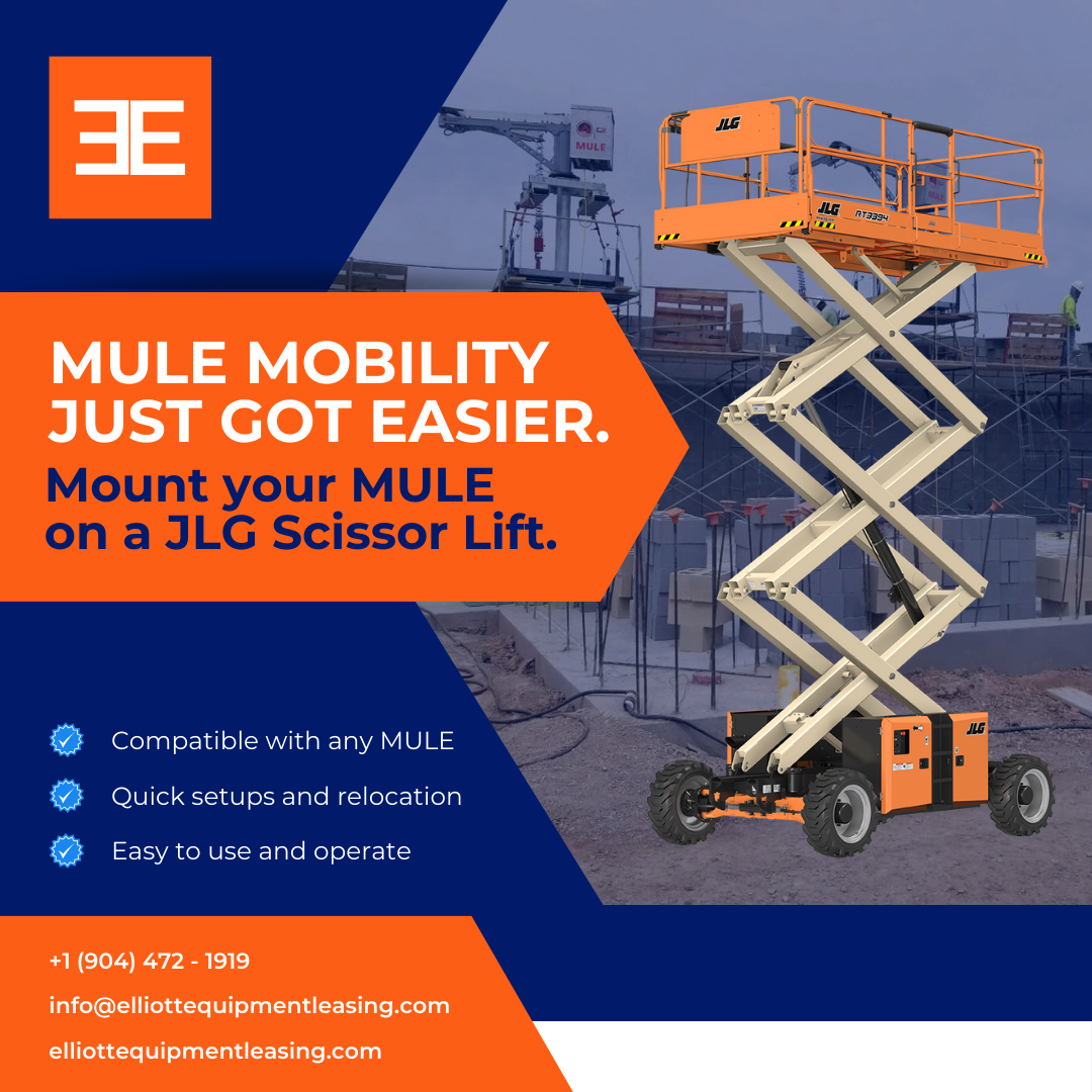 Construction site showing an extended orange and beige JLG scissor lift, with promotional text about mounting the MULE system for improved mobility, highlighting compatibility, quick setup, and ease of use, with contact information at the bottom.