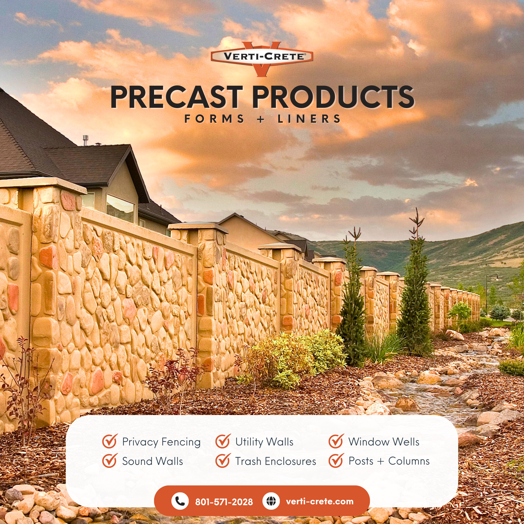 Landscape photo of a stone wall fence beside a small creek with rocks, trees, and a house in the background under a colorful sunset sky, with overlay text advertising prebuilt fencing products and contact information for Verti-Crete.