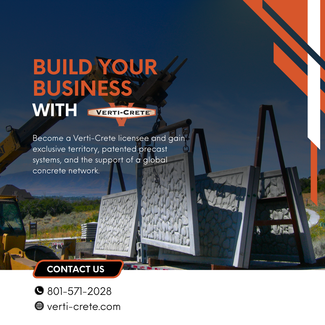 Construction site showing precast concrete panels being lifted by a crane under a blue sky, with promotional text and contact information for Verti-Crete.