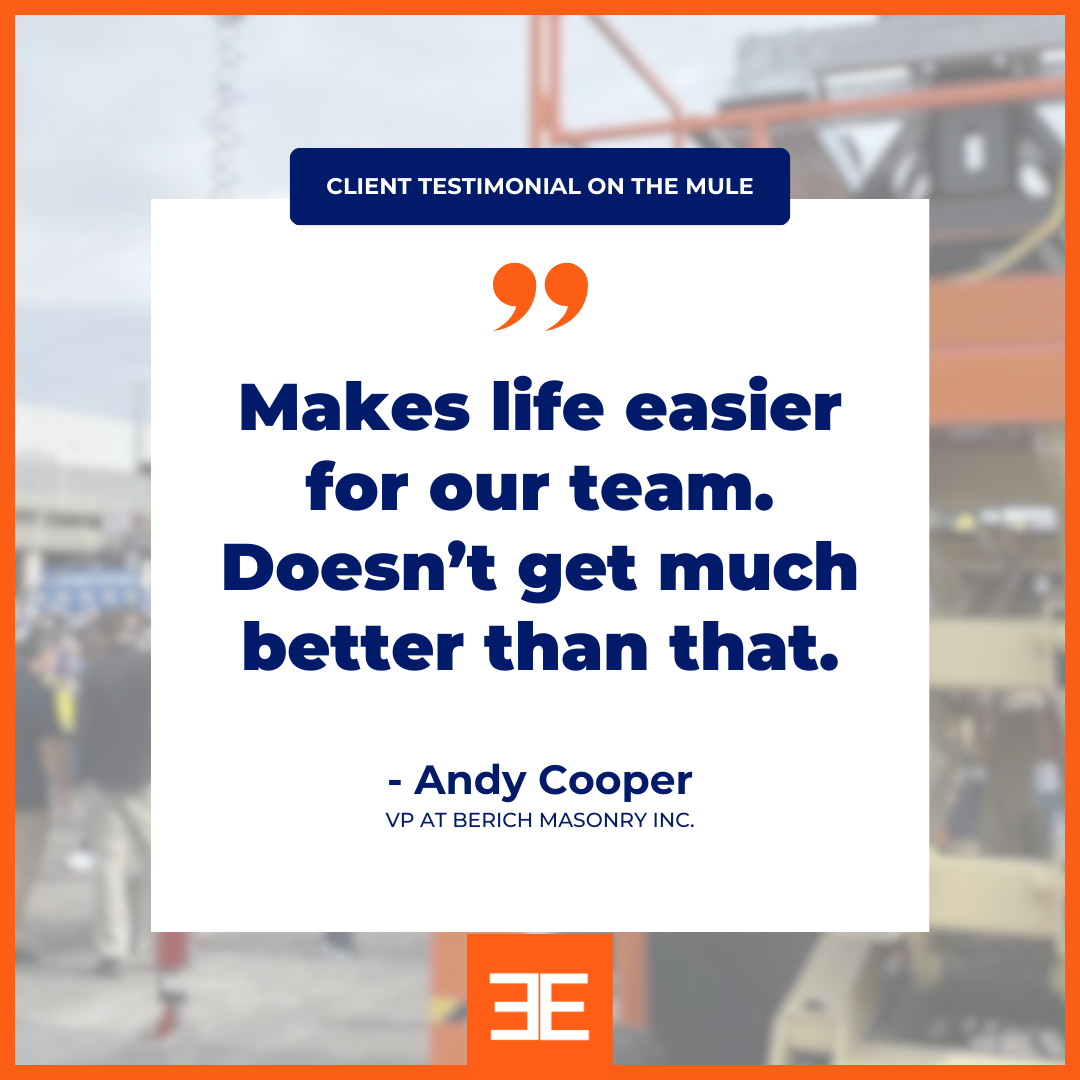 Client testimonial graphic on a construction site background featuring a quote praising a product or service, attributed to Andy Cooper, VP at Berich Masonry Inc., framed with an orange border and company logo.