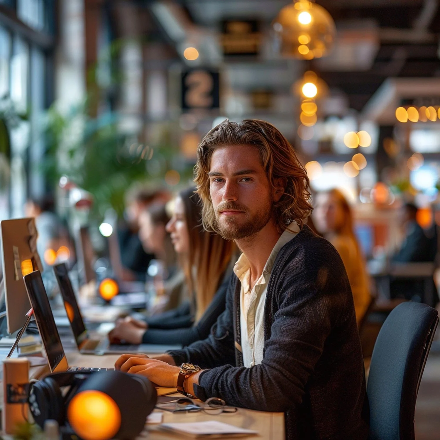 A man with long hair and a beard sitting at a table in a modern, busy tech cafe, with people working on laptops and warm lighting in the background.