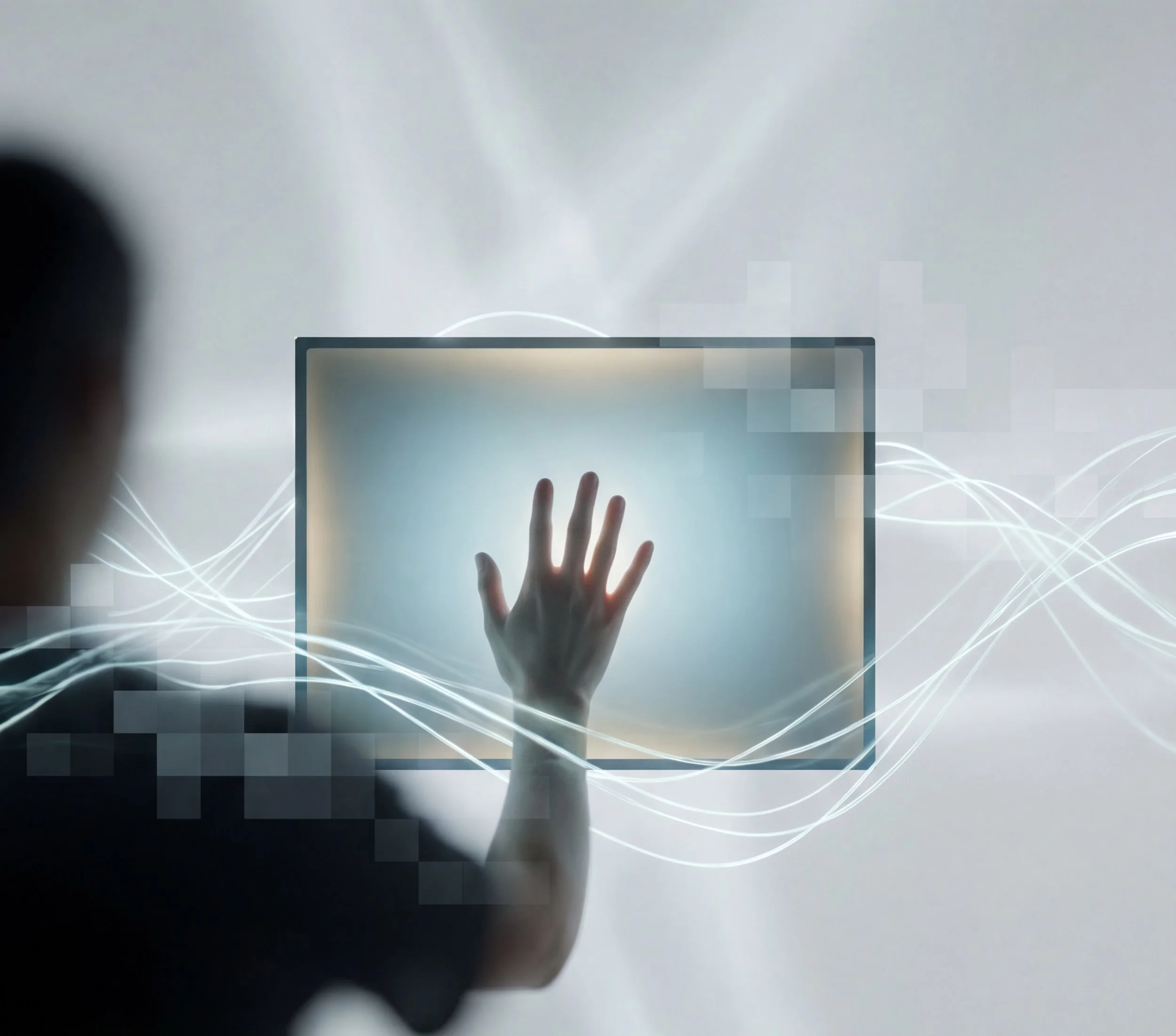 Person interacting with a futuristic holographic computer screen, reaching out to touch it with their hand.