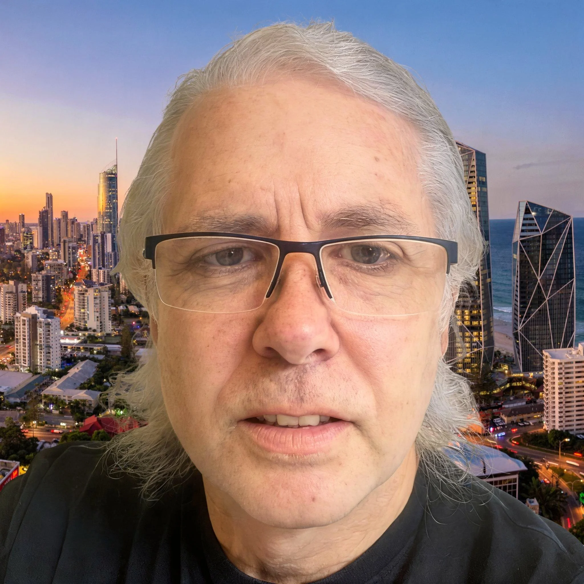 Close-up of a middle-aged man with glasses, against a city skyline at sunset or dusk.