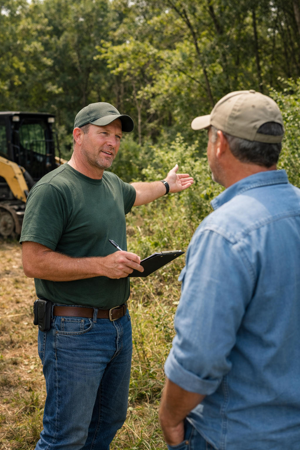 Two men having a discussion outdoors in a wooded area, one is gesturing with his hand while the other takes notes on a clipboard, with a yellow construction vehicle in the background. Prime Acre Land Services offers free forest mulching quotes.
