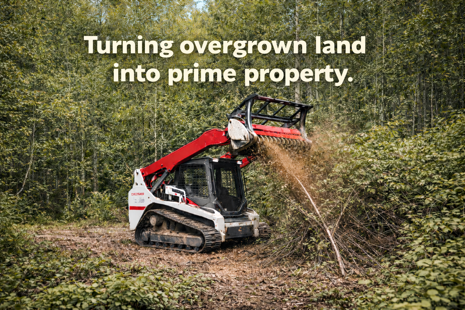 A small red and white track loader clearing underbrush in a green forest, with a text overlay saying 'Turning overgrown land into prime property.'