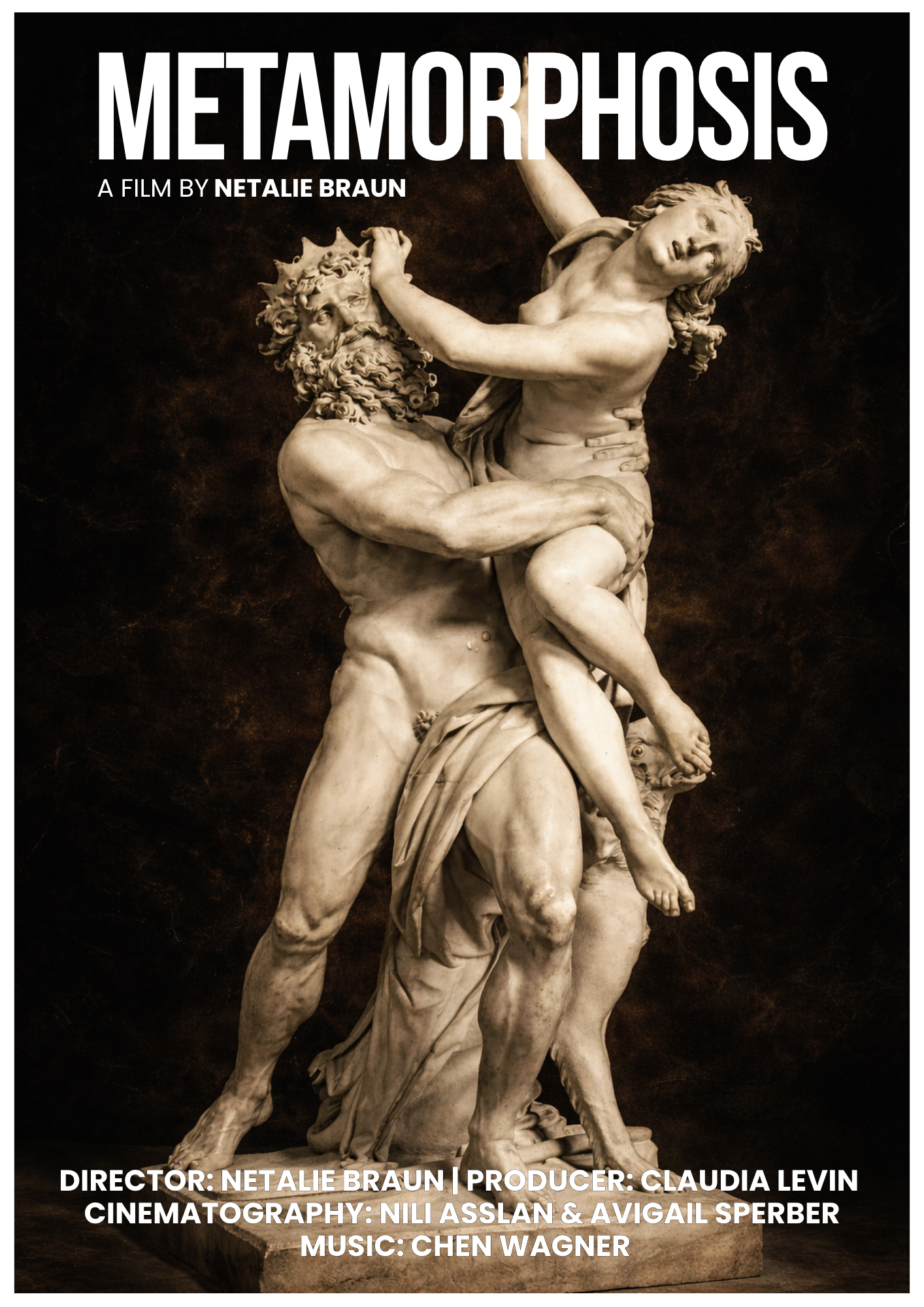 Poster for the film 'Metamorphosis' showing a sculpture of two mythological figures, one holding the other. The title is at the top in large white letters, with film credits at the bottom.