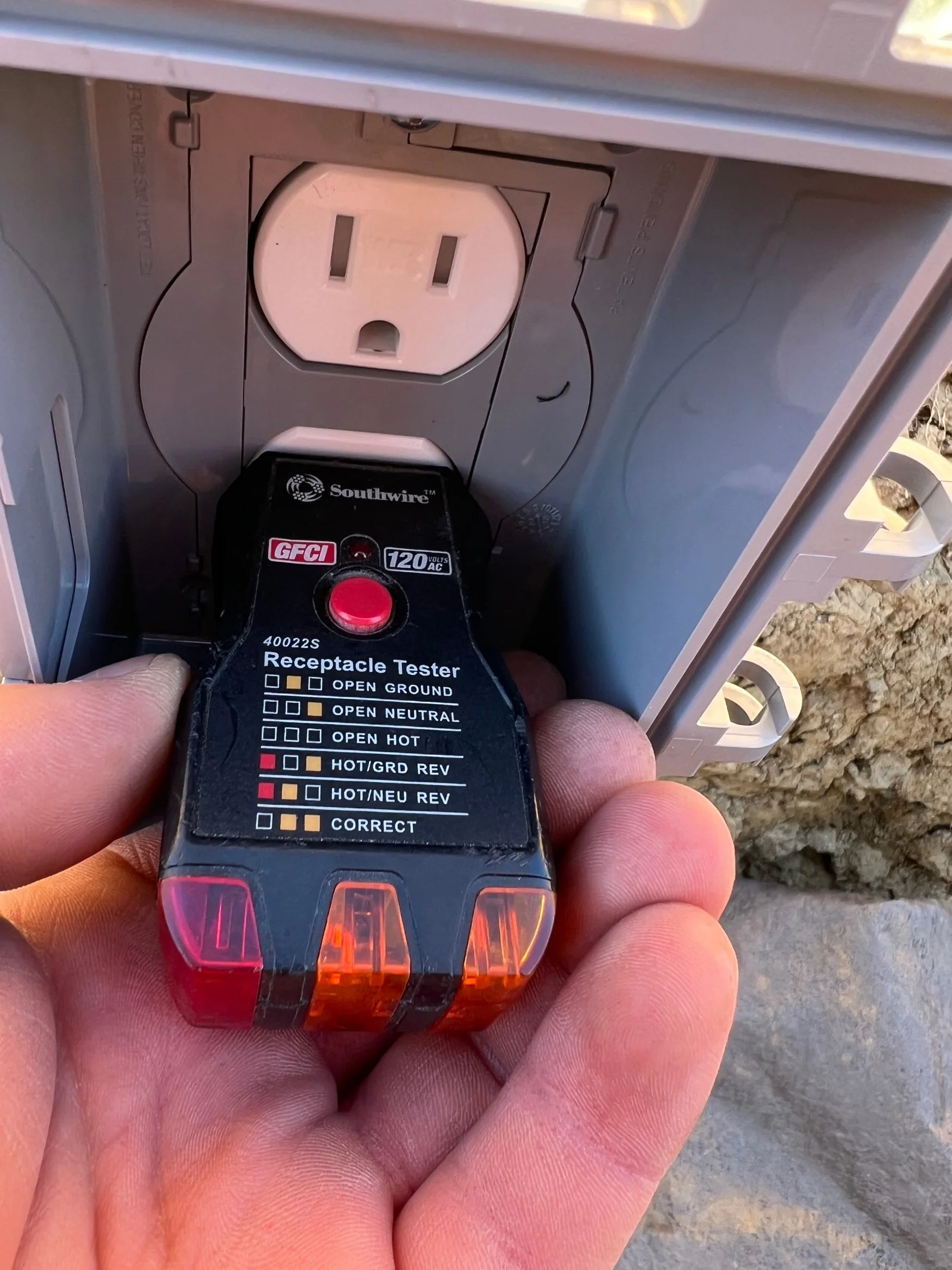 Second backyard outlet tested correct in Mountain House by MH Electrical Services.