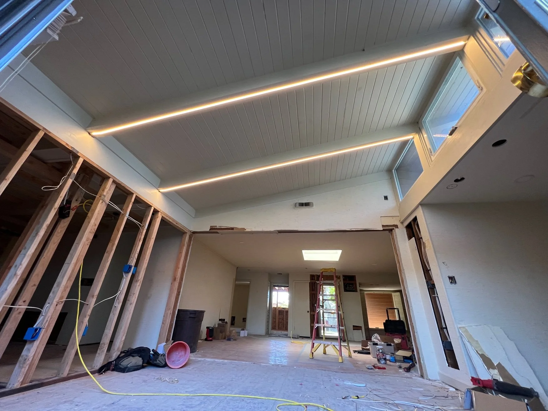 Custom beam LED lighting finished wide in Stockton by MH Electrical Services.