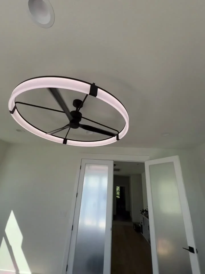 Ring-light ceiling fan in a finished addition in River Islands, Lathrop, by MH Electrical Services.