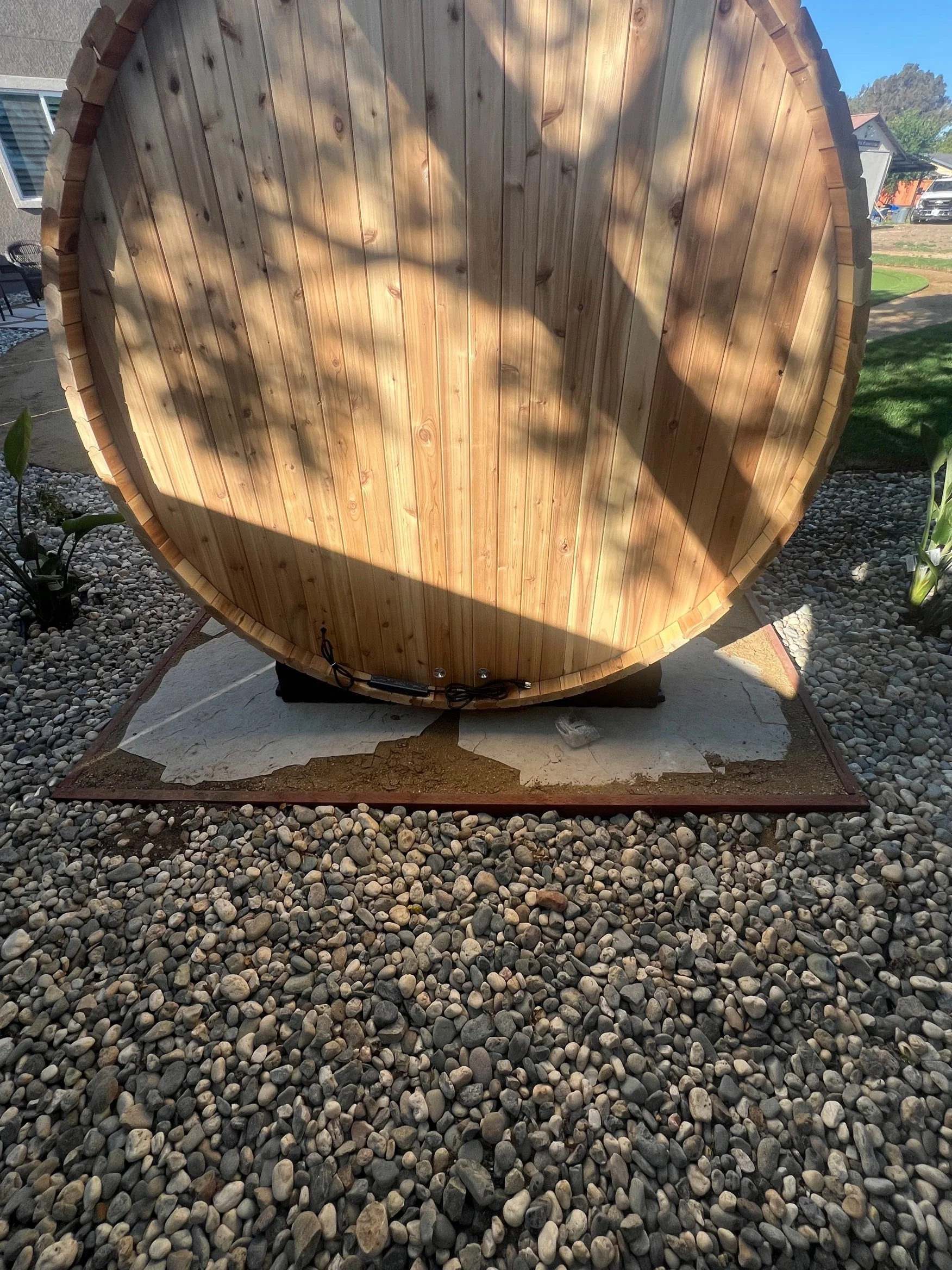 Backyard barrel sauna powered by MH Electrical Services in Brentwood.