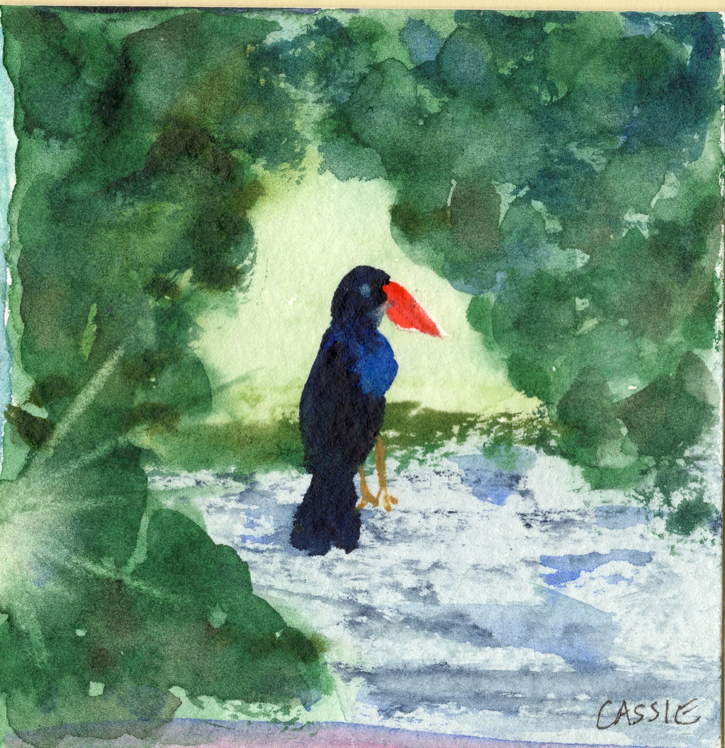 A watercolor painting depicting a lush green landscape with a path in the center and a bird with a red beak and black and blue feathers standing near the path. The word 'Classic' is written in the bottom right corner.