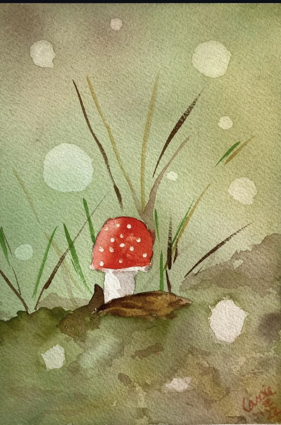 red mushroom watercolour painting in loose style