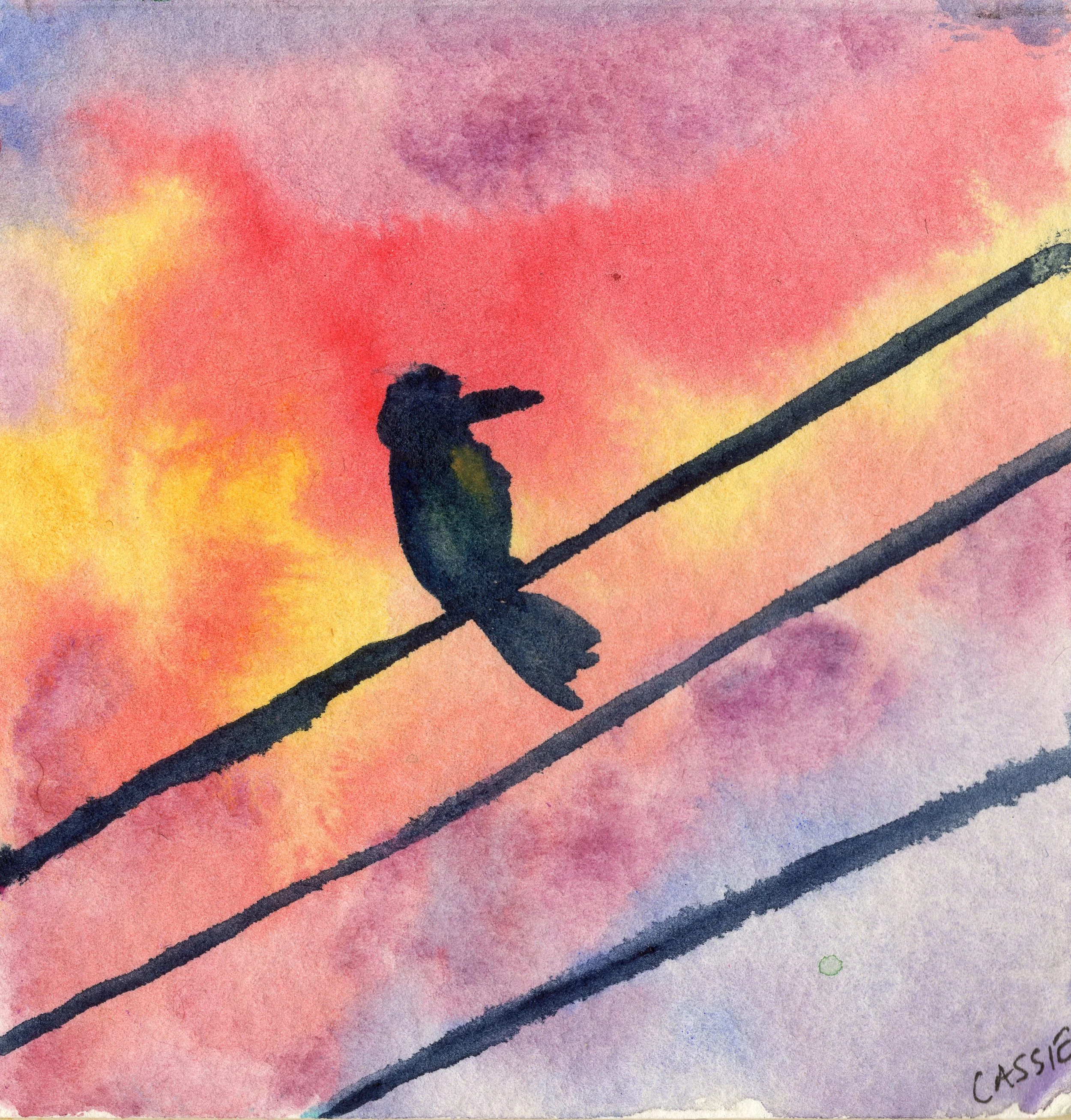 Silhouette of a bird  sitting on a wire against a colorful watercolor background with shades of pink, purple, yellow, and blue.