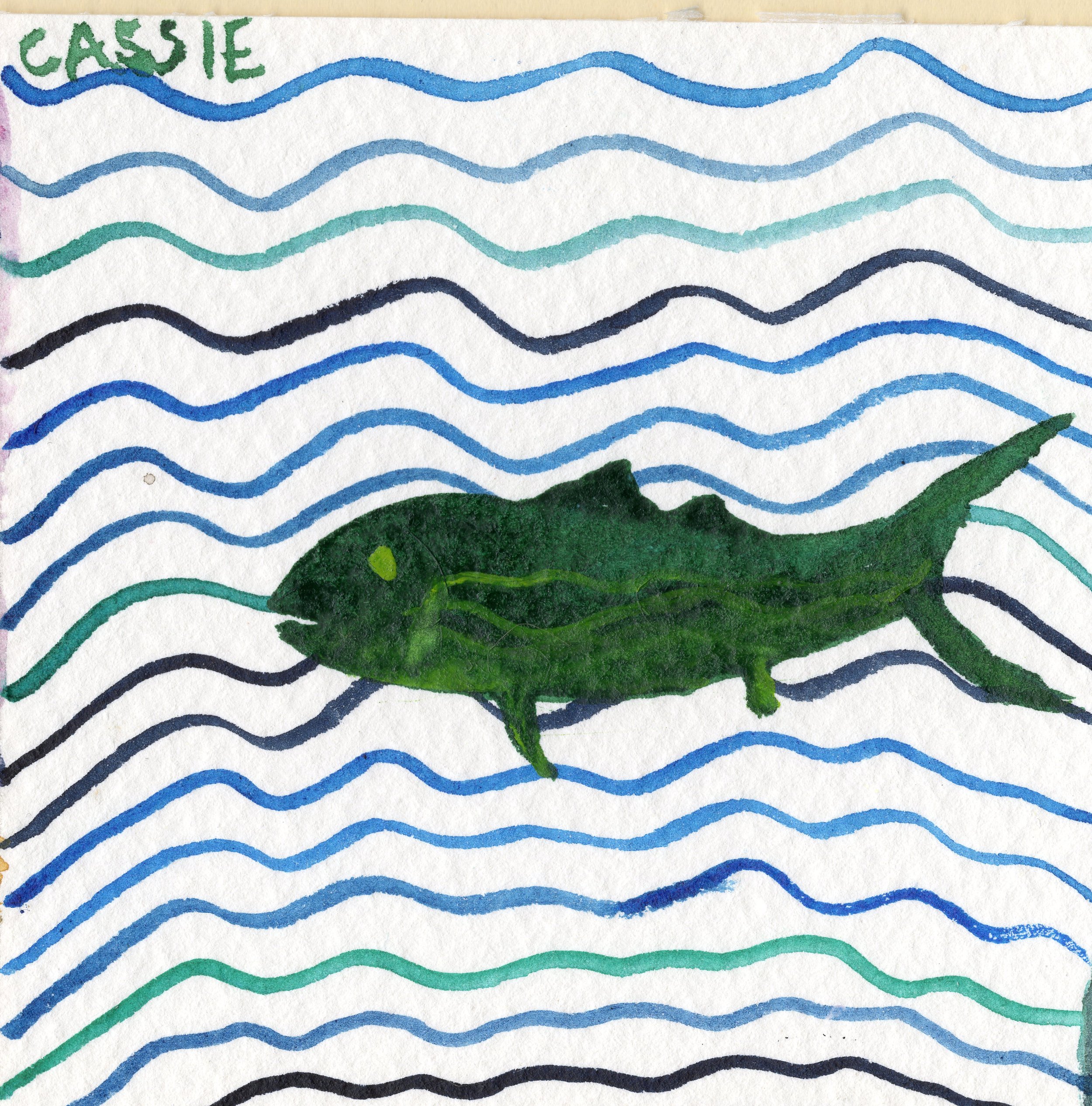 Hand-drawn colorful wavy lines on white paper background, with the word 'CASIE' written in green at the top left corner.