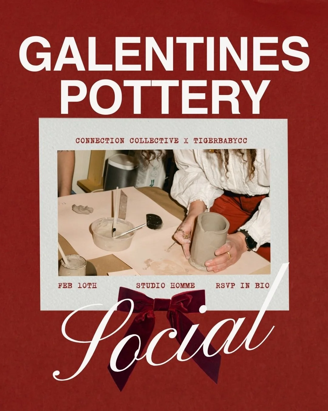 A promotional poster for a pottery event titled 'GalenTines Pottery' featuring a photo of a person hand-building a ceramic piece in a studio, with details about the event date, location, and RSVP information.