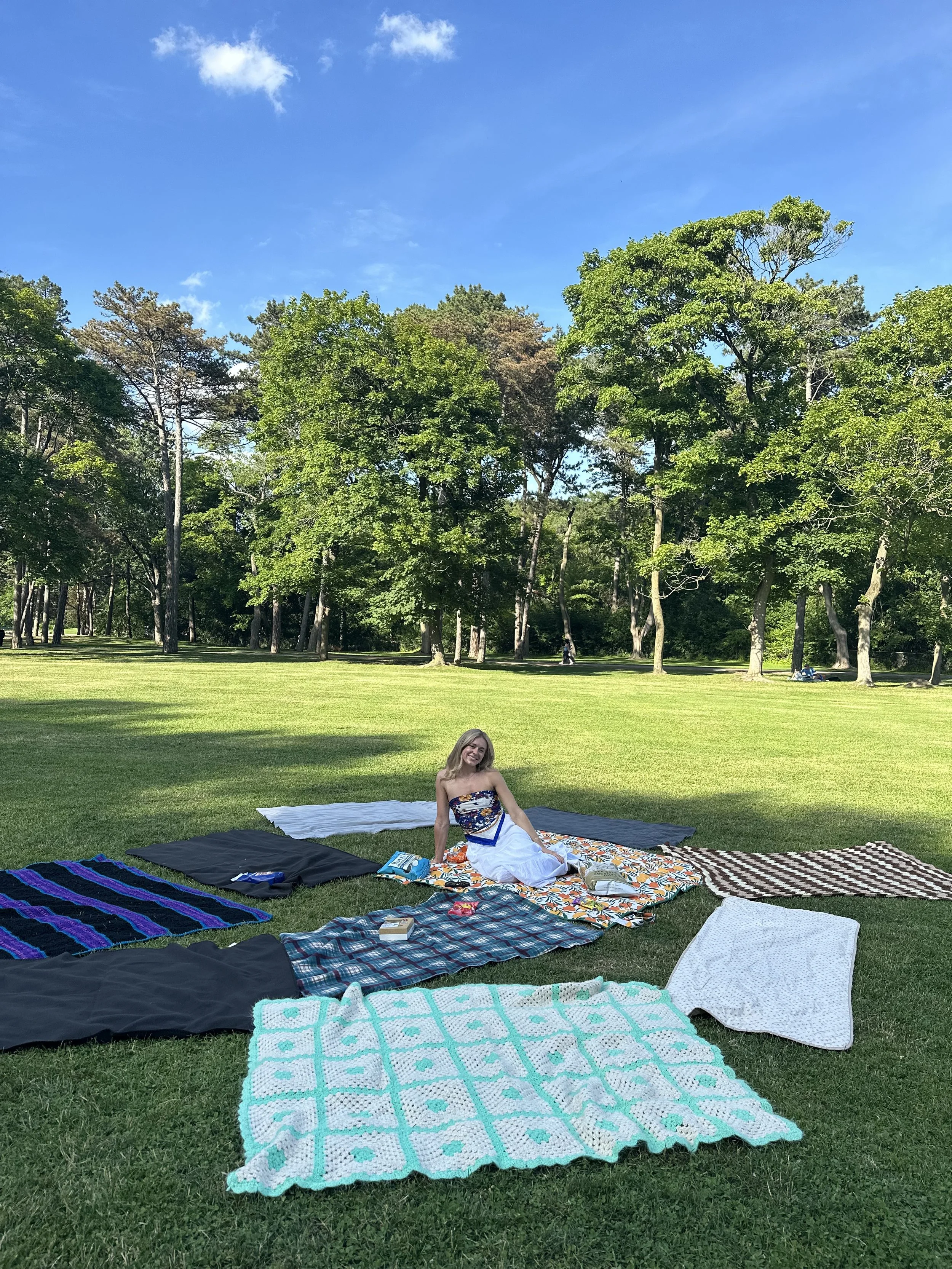 A woman sitting on a blanket in a park with green grass and trees under a blue sky.