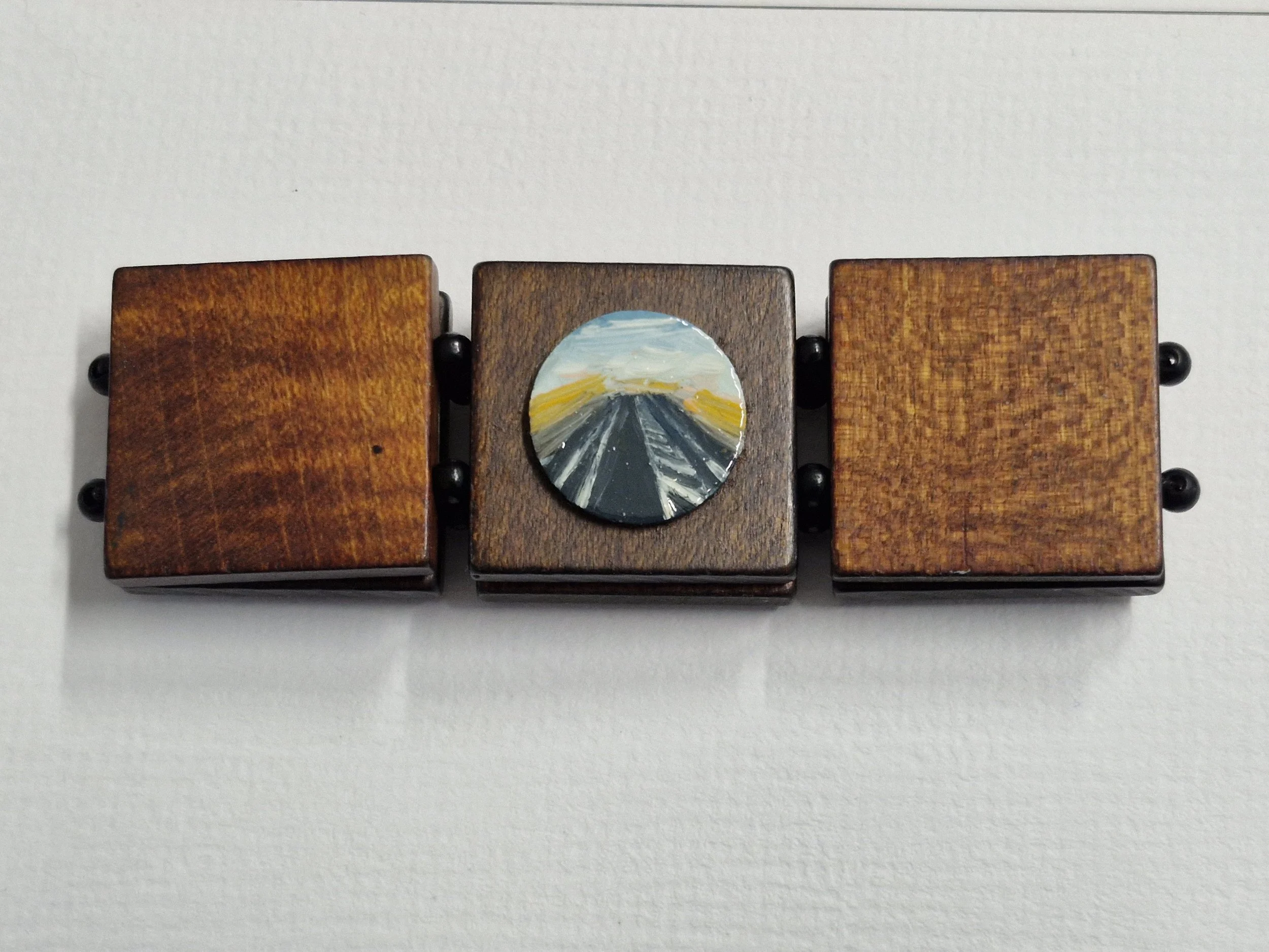 'Traveller' Bracelet : Oil paint and enamel on unknown wood. Currently showing at The Collaboration, New Plymouth, Taranaki NZ 