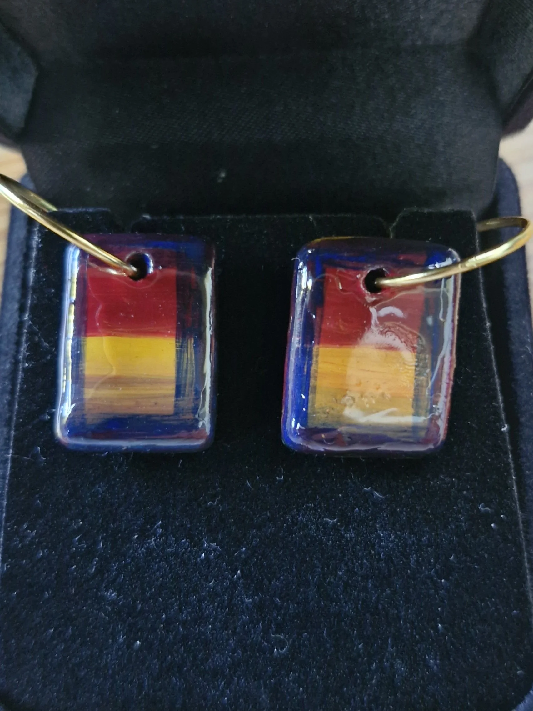 'Yellow Field' earrings : Porcelain, oil paint, enamel, 22ct gold plated sterling silver sleepers. Currently showing at The Collaboration, New Plymouth, Taranaki NZ