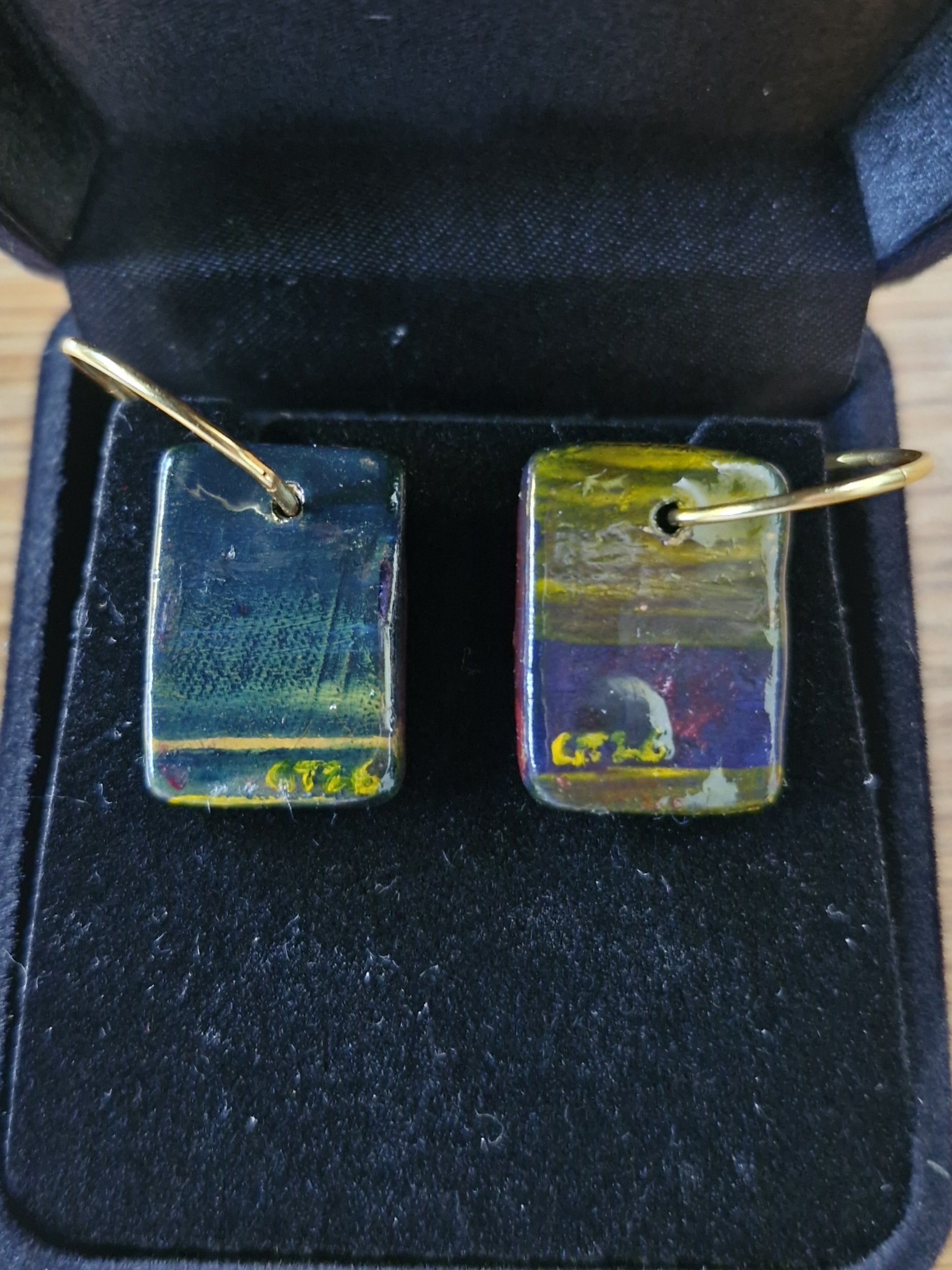 'Yellow Field' earrings (back) : Porcelain, oil paint, enamel, 22ct gold plated sterling silver sleepers. Currently showing at The Collaboration, New Plymouth, Taranaki NZ