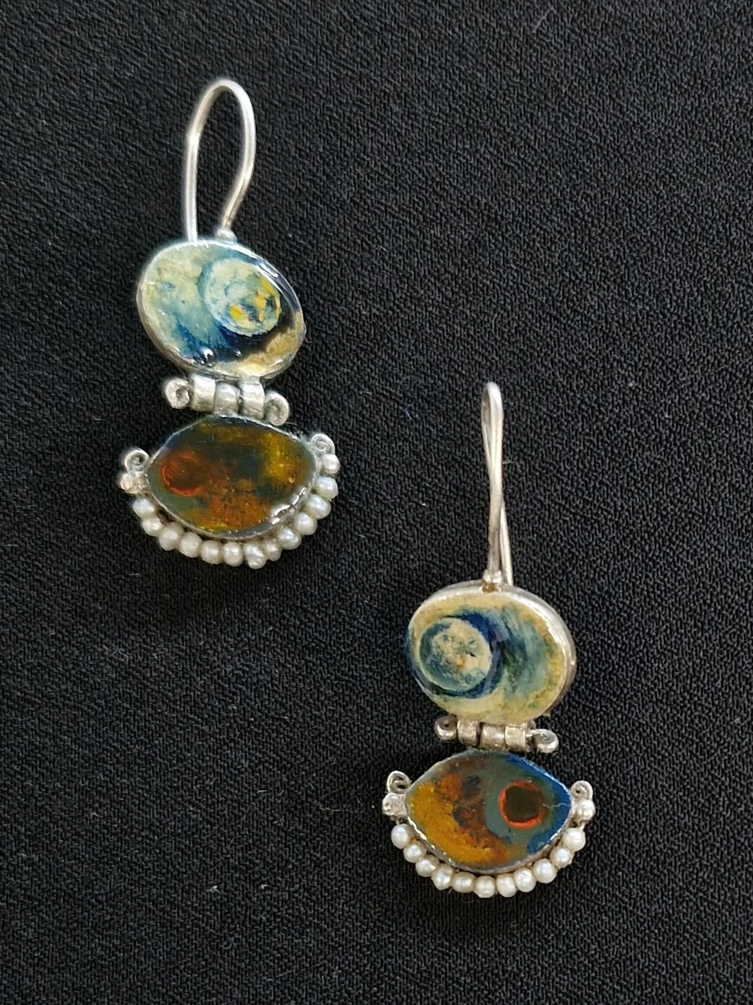 'Strange Moons' earrings : Sterling silver, seed pearls, oil paint, enamel. Currently showing at The Collaboration, New Plymouth, Taranaki NZ